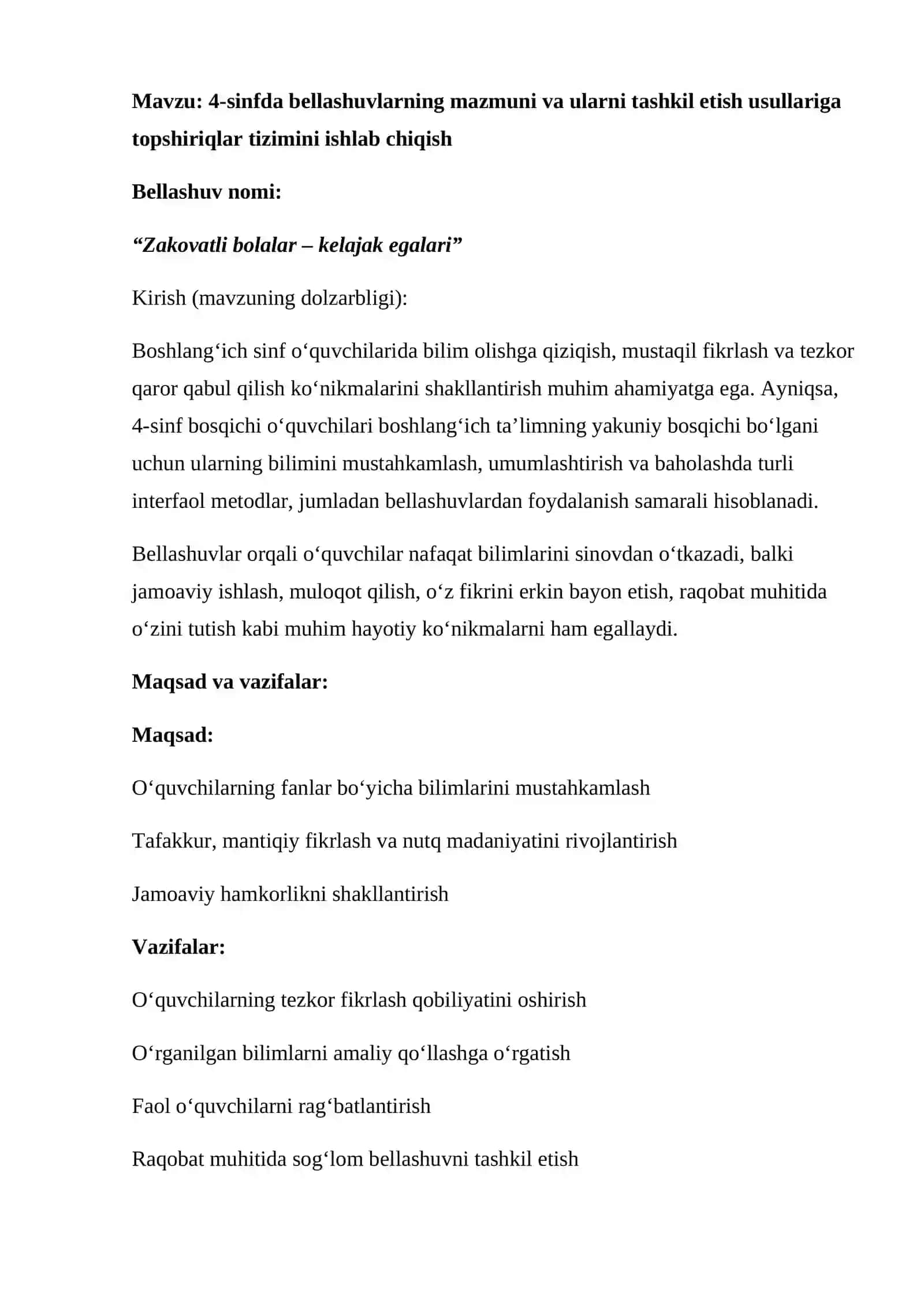 4-sinfda bellashuvlarning mazmuni va ularni tashkil etish usullariga topshiriqlar tizimini ishlab chiqish 2