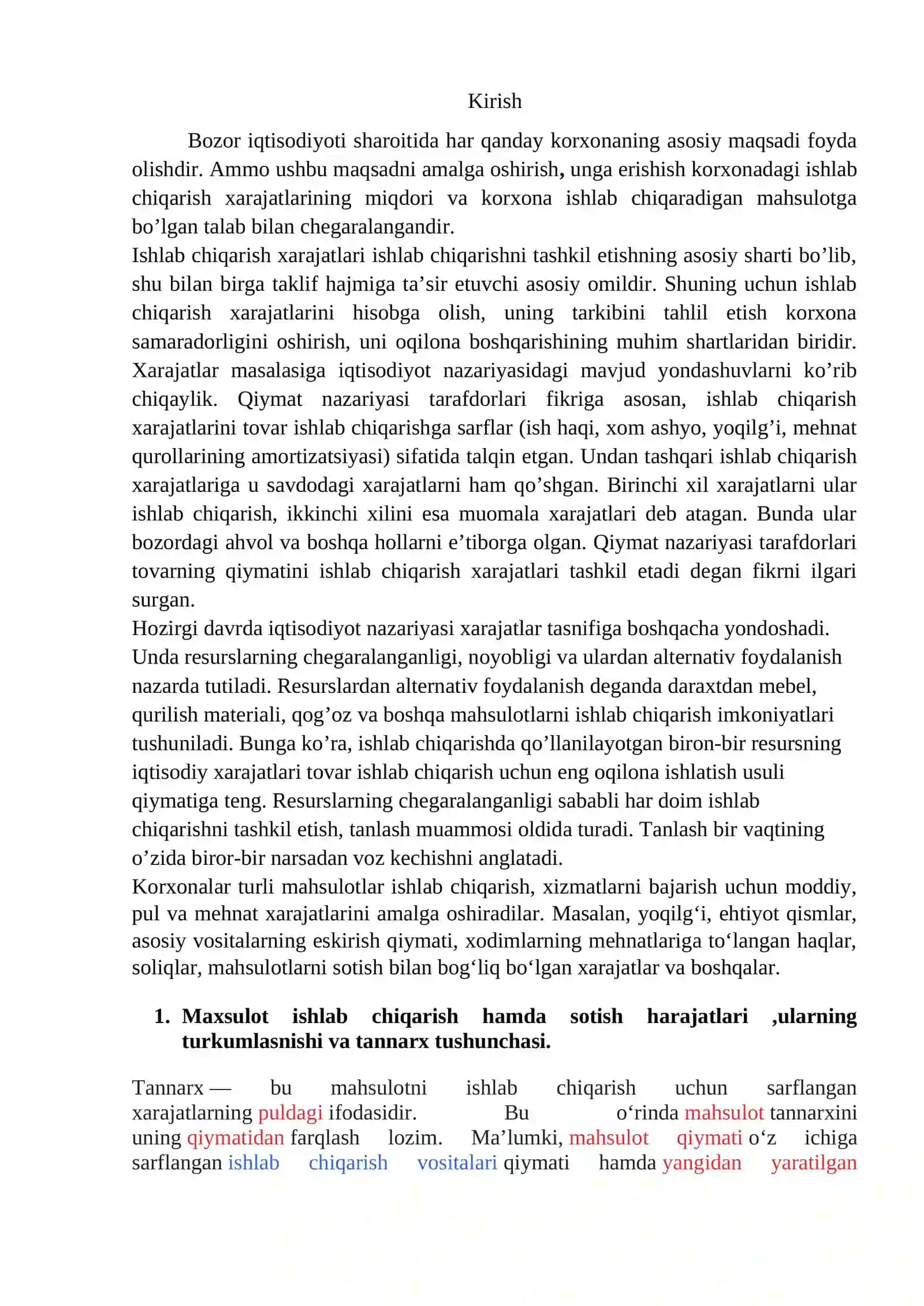 Maxsulot tannarxi tarkibi va bahoni shakllantirish maqsadida uning turlari 2