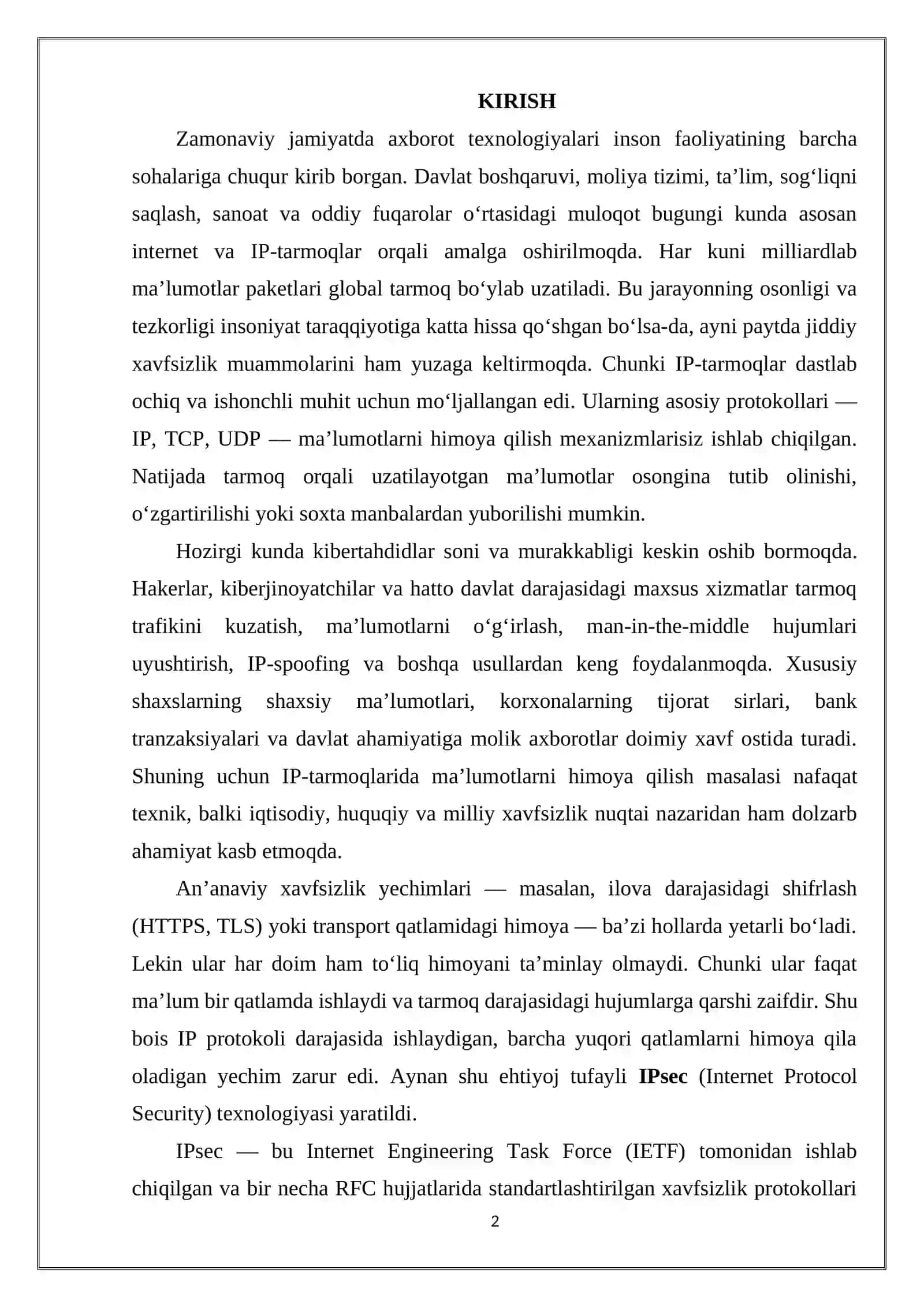 IPSEC PROTOKOLI VA IP TARMOQLARIDA MA'LUMOTLARNI HIMOYALASH 2