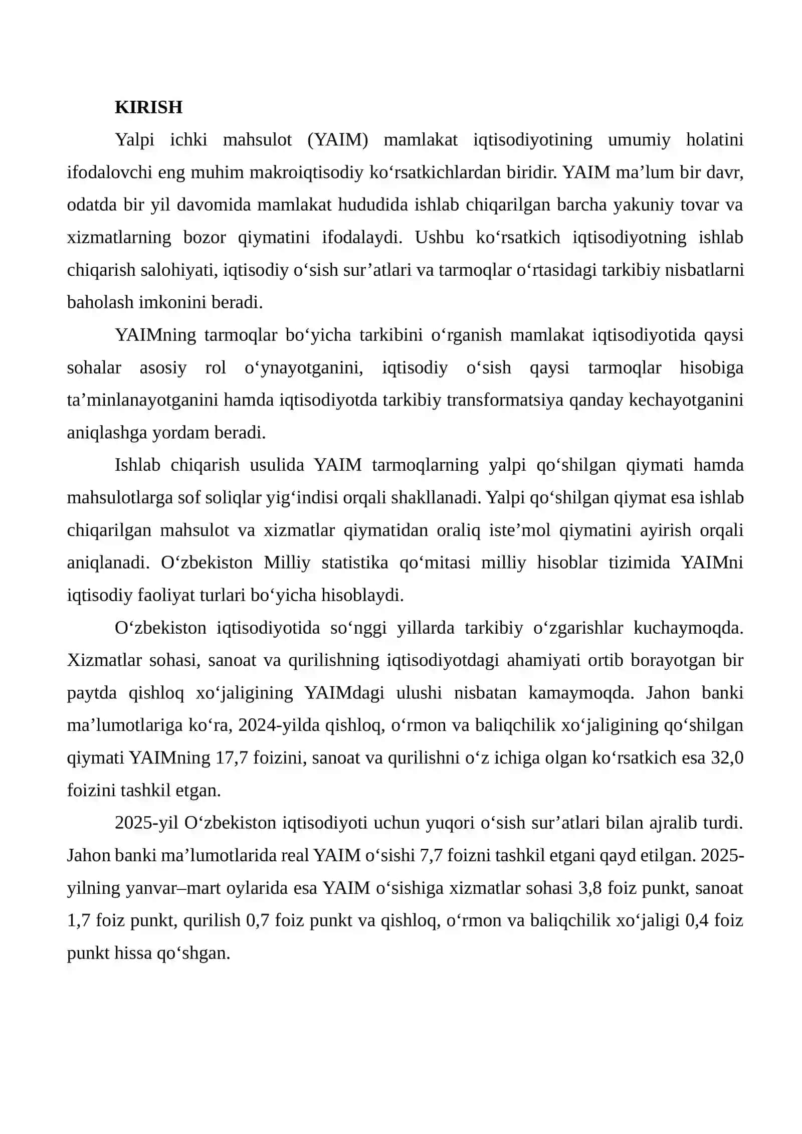 O‘zbekistonda Yalpi Ichki Mahsulotning Tarmoqlar Bo‘yicha Tarkibini Statistik Ma’lumotlar Asosida Tahlil Qilish 2