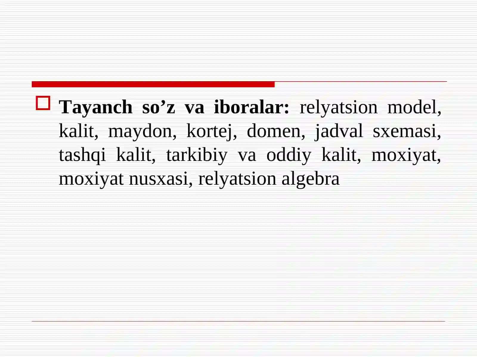 Ma’lumоtlarning rеlyatsiоn mоdеllari. 2