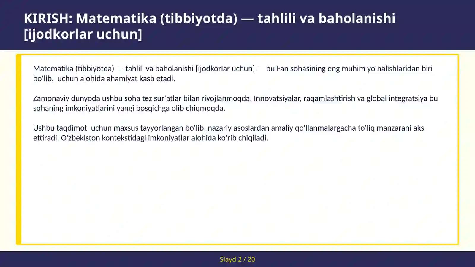 Matematika (tibbiyotda) — tahlili va baholanishi [ijodkorlar uchun] 2