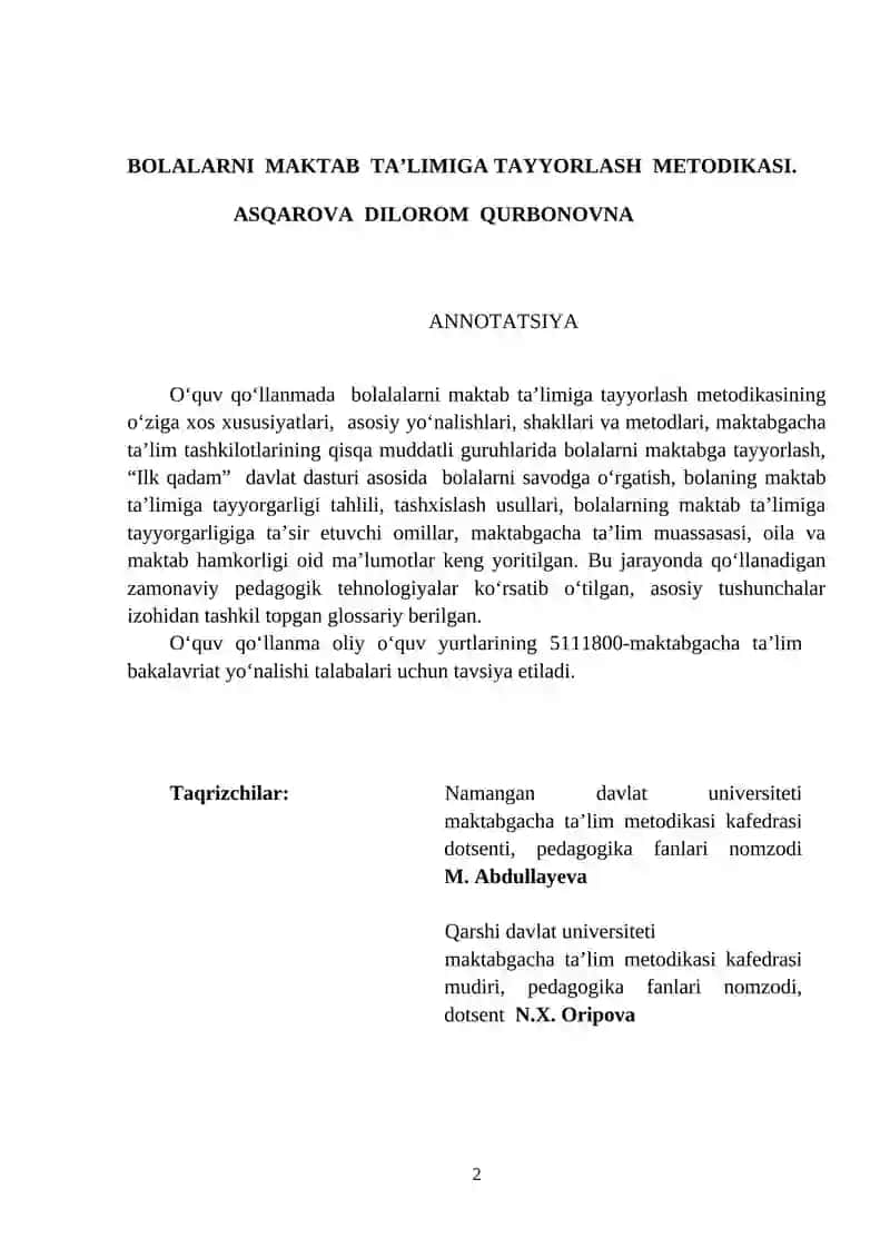 BOLALARNI MAKTAB TA’LIMIGA TAYYORLASH METODIKASI 2