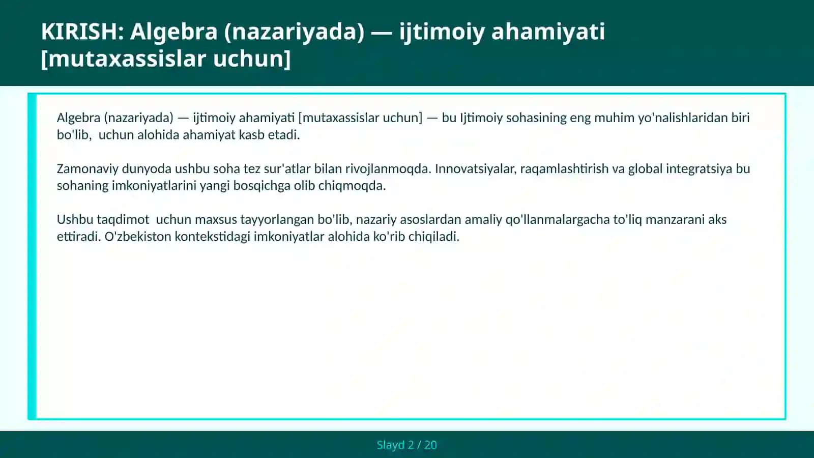 Algebra (NAZARIYADA) - IJTIMOIY AHAMIYATI [MUTAXASSISLAR UCHUN] 2
