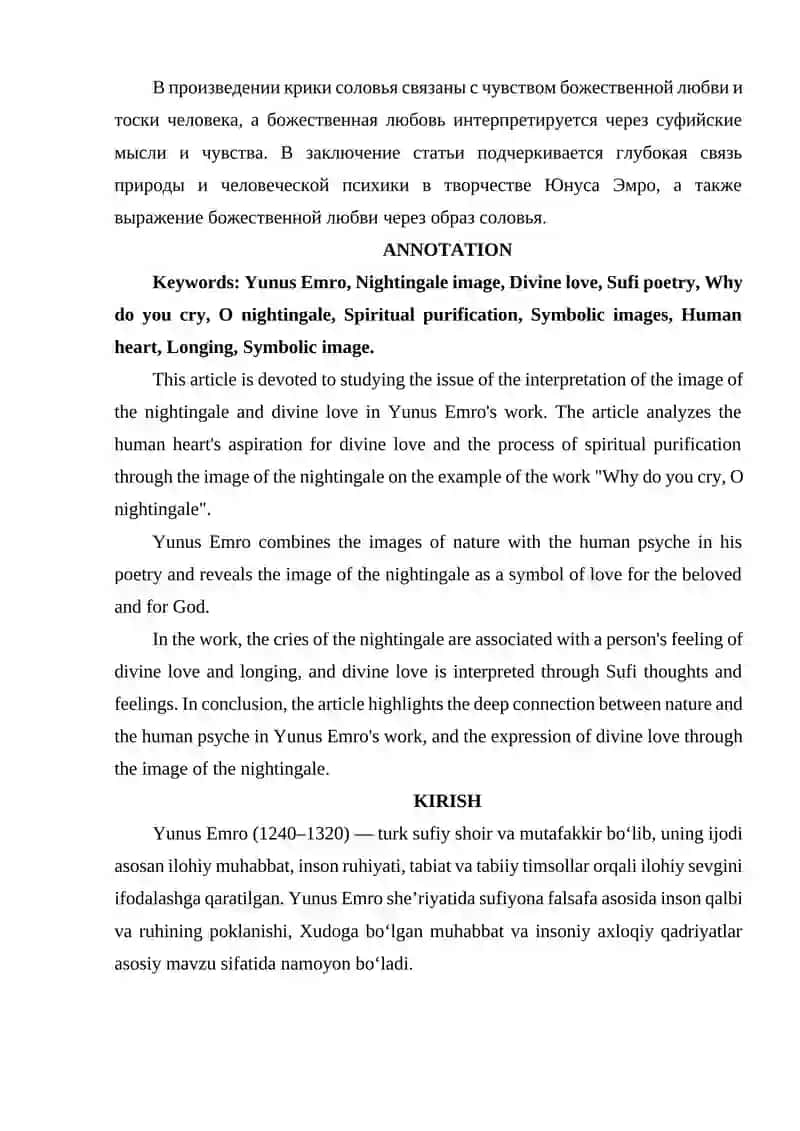 YUNUS EMRO IJODIDA BULBUL OBRAZI VA ILOHIY MUHABBAT TALQINI. (NECHUN YIGʻLARSAN EY BULBUL ASARI MISOLIDA) 2