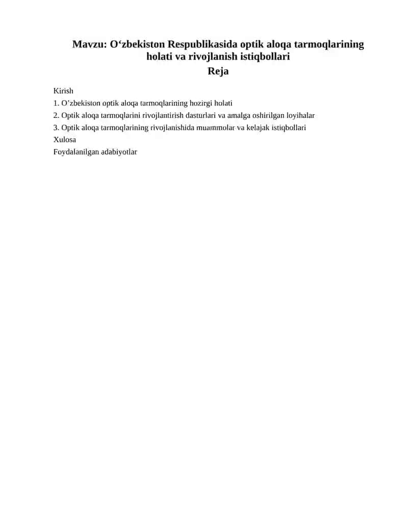 O‘zbekiston Respublikasida optik aloqa tarmoqlarining holati va rivojlanish istiqbollari 2