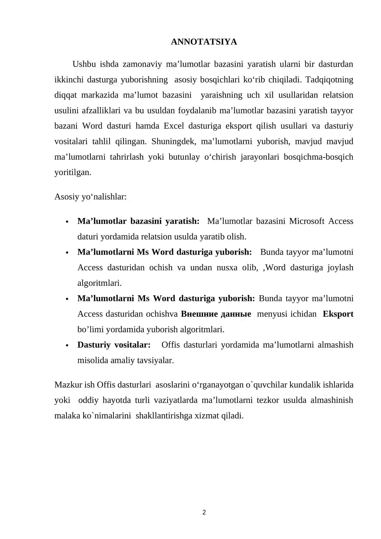 Ma’lumotlarni matn bilan ishlash dasturiga yuborish. Ma’lumotlarni jadval bilan ishlash dasturiga yuborish 2