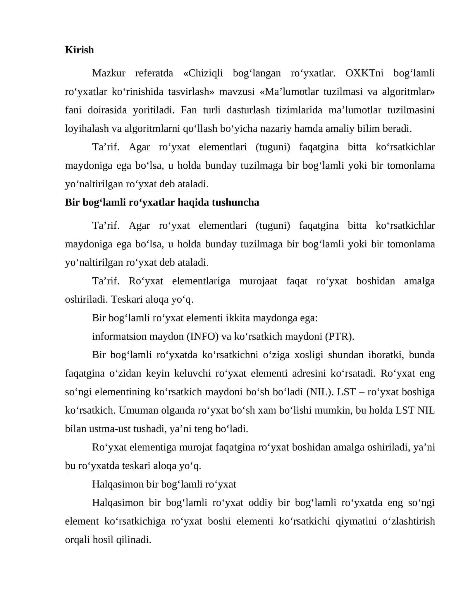 Chiziqli bogʻlangan roʻyxatlar. OXKTni bogʻlamli roʻyxatlar koʻrinishida tasvirlash 2