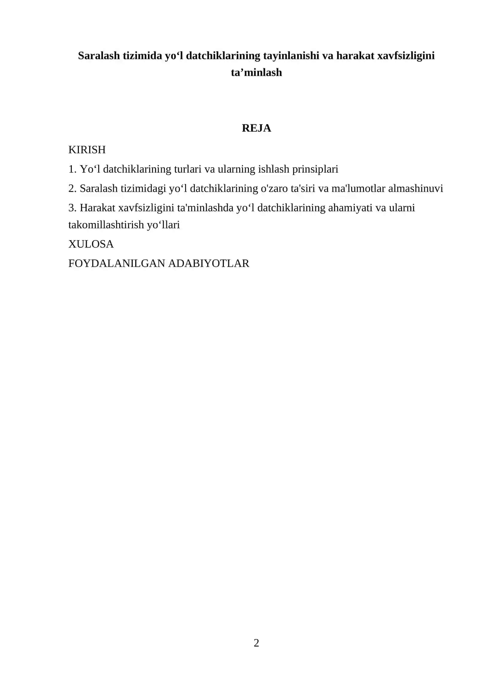 Saralash tizimida yoʻl datchiklarining tayinlanishi va harakat xavfsizligini taʼminlash 2