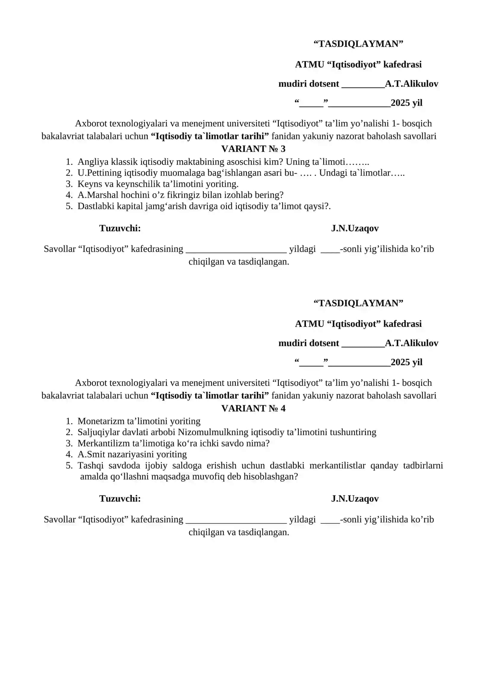 Iqtisodiy ta‘limotlar tarihi fanidan yakuniy nazorat baholash savollari 2