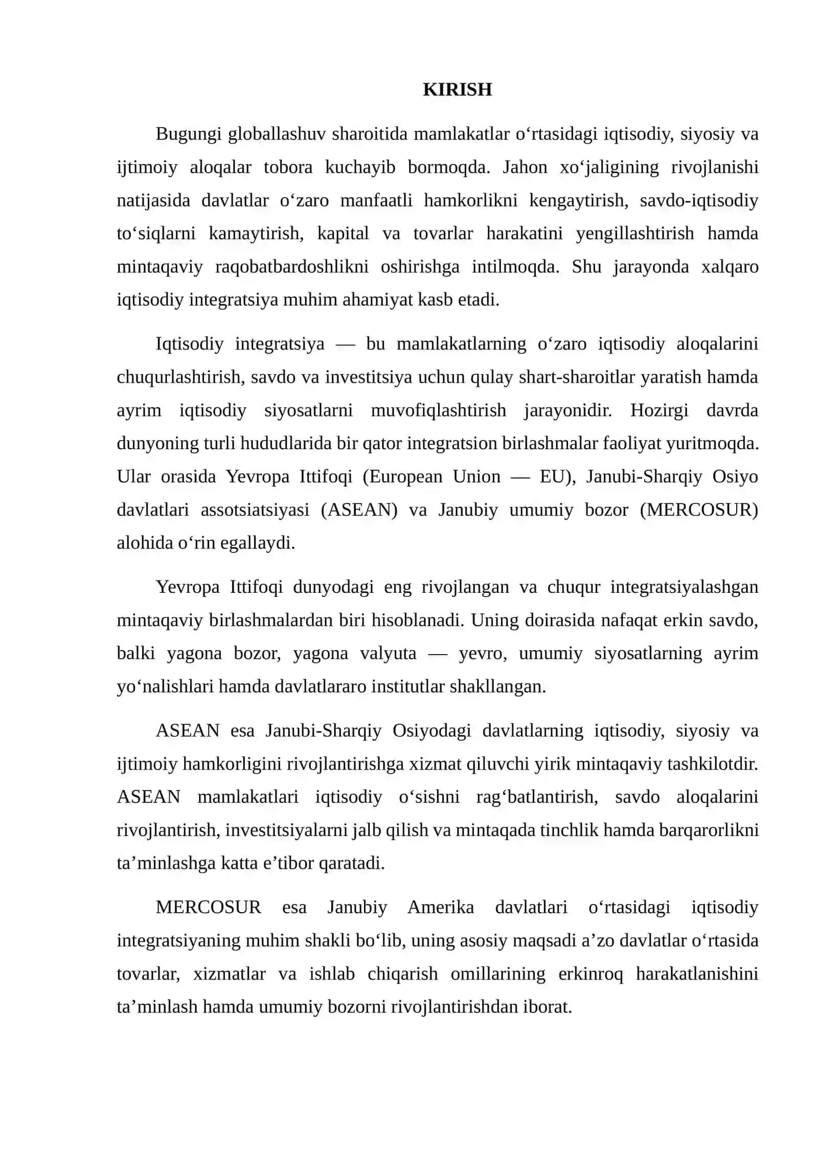 YEVROPA ITTIFOQI, ASEAN VA MERCOSUR INTEGRATSION BIRLASHMALARINING FAOLIYATINI O‘RGANISH 2