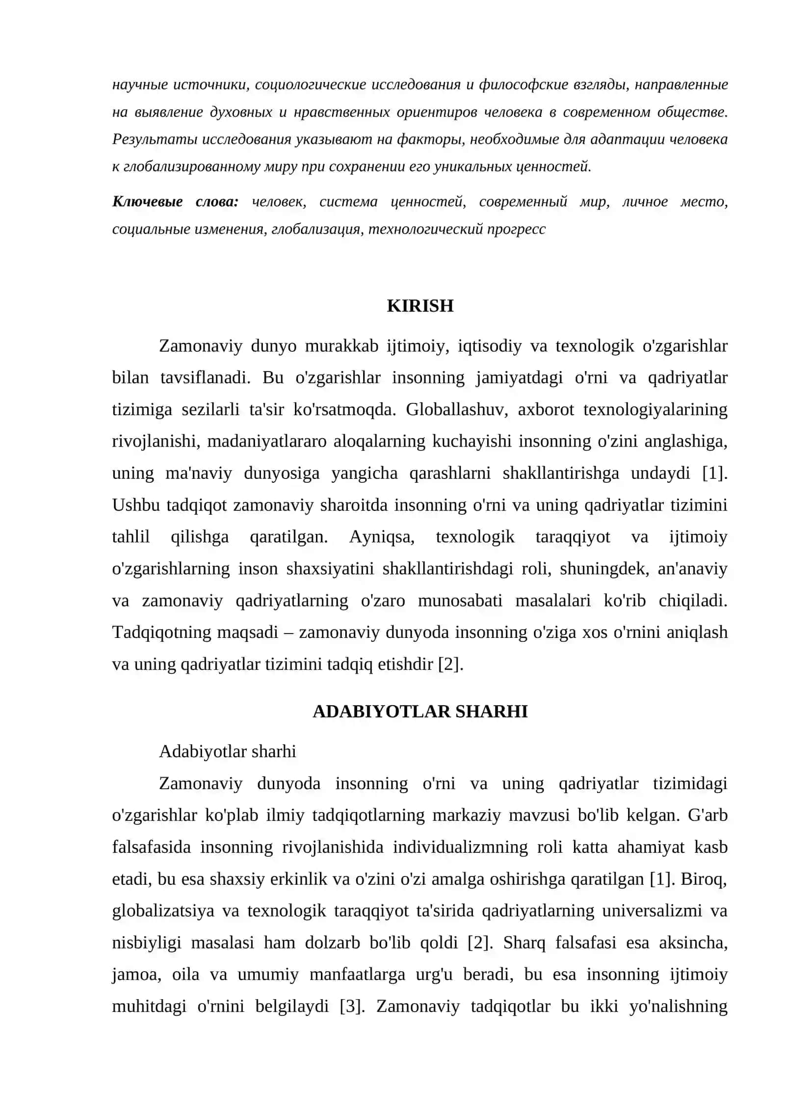INSON VA QADRIYATLAR TIZIMI: ZAMONAVIY DUNYODA INSONNING O'RNI 2