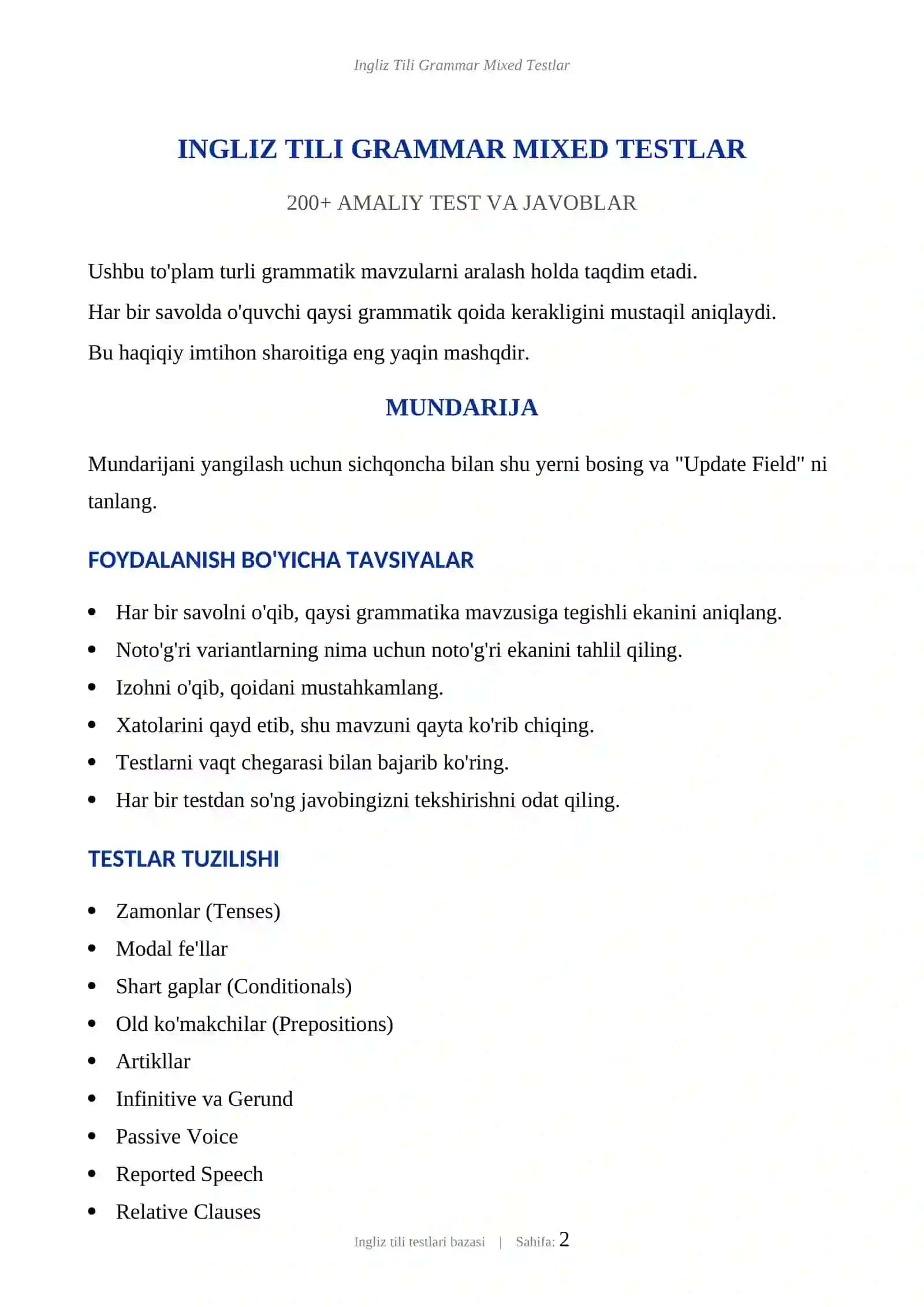 INGLIZ TILI GRAMMAR MIXED TESTLAR 2