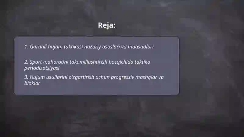 Sport mahoratini takomilashtirish bosqichida guruhli hujum taktikasi ozgarish usulari haqida bilim doirasini shakilantirish 2
