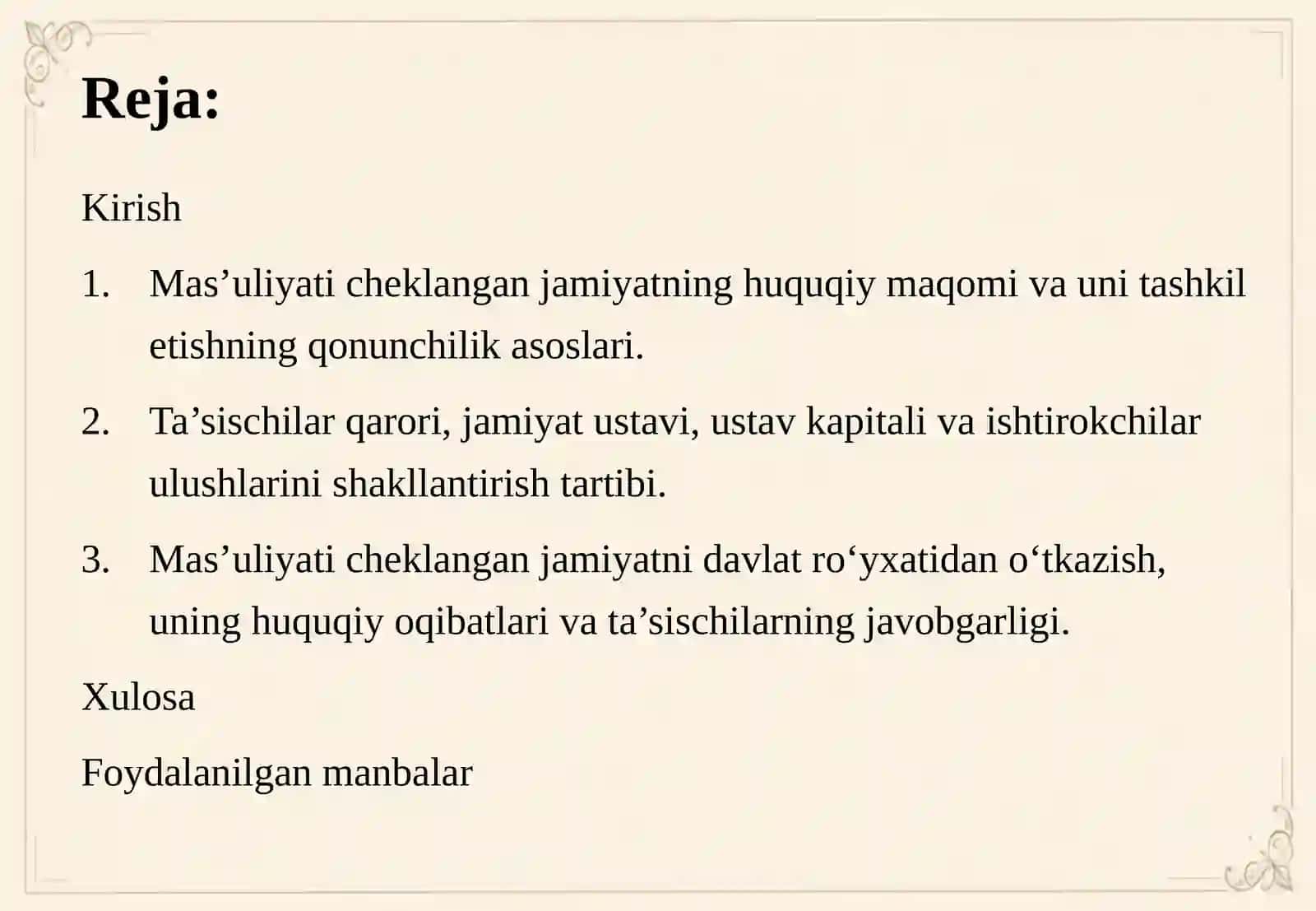 YANGI TAHRIRDAGI MCHJ QONUNI ASOSIDA JAMIYATNI TASHKIL ETISH: TA’SISCHILAR QARORI, USTAV, ULUSHLAR VA DAVLAT RO‘YXATIDAN O‘TKAZISH 2