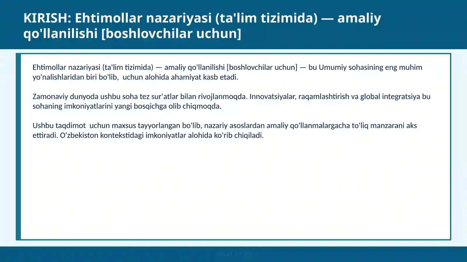 Ehtimollar nazariyasi (ta'lim tizimida) — amaliy qo'llanilishi [boshlovchilar uchun] 2