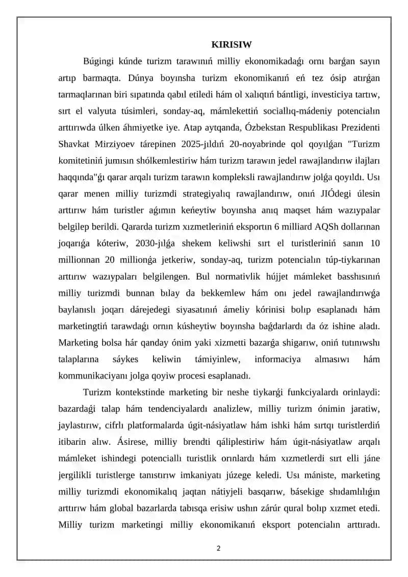 Milliy turizmdi rawajlandırıwda marketin'niń róli 2