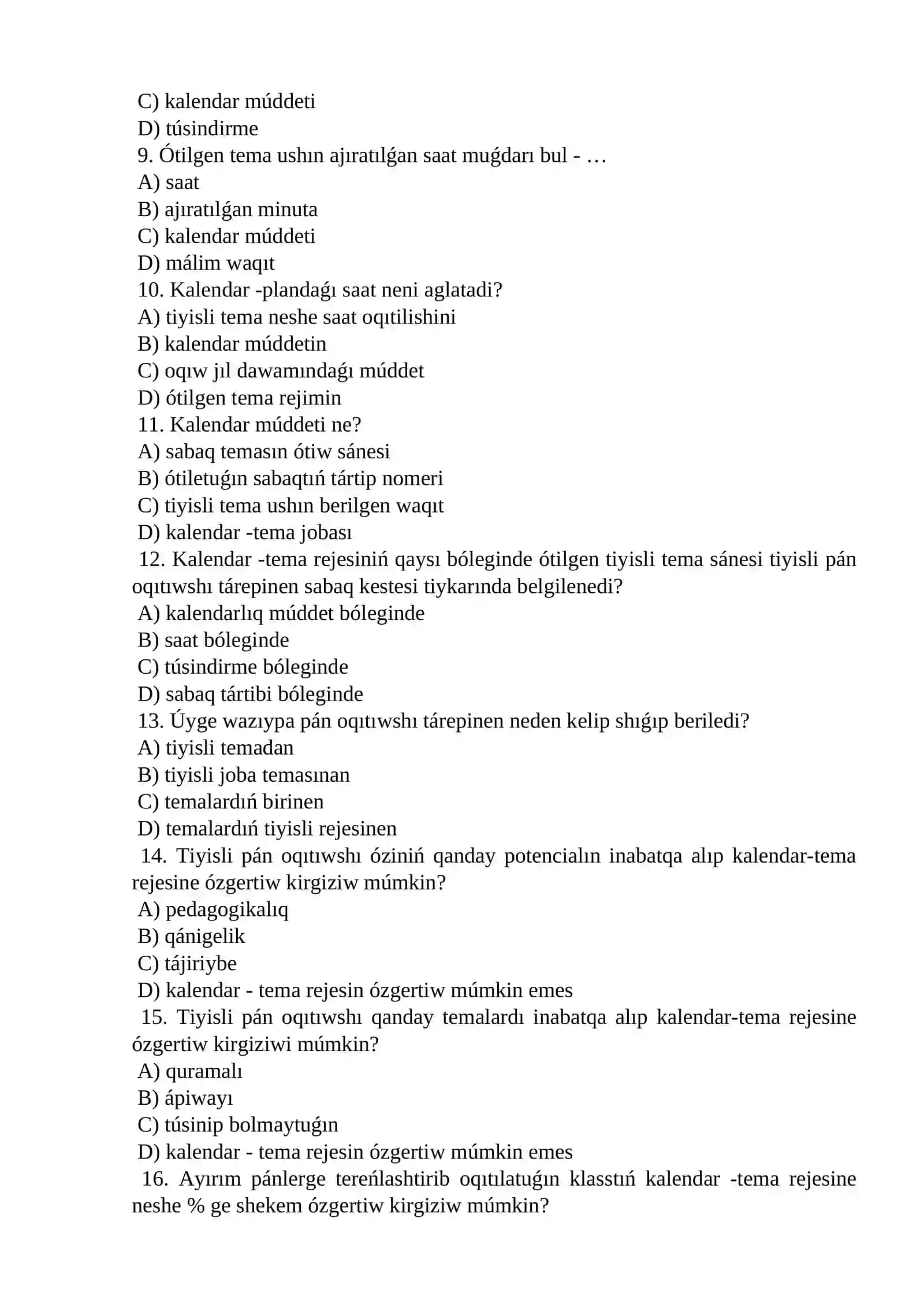 Kalendar hám tematikalıq jobalardı dúziw 2