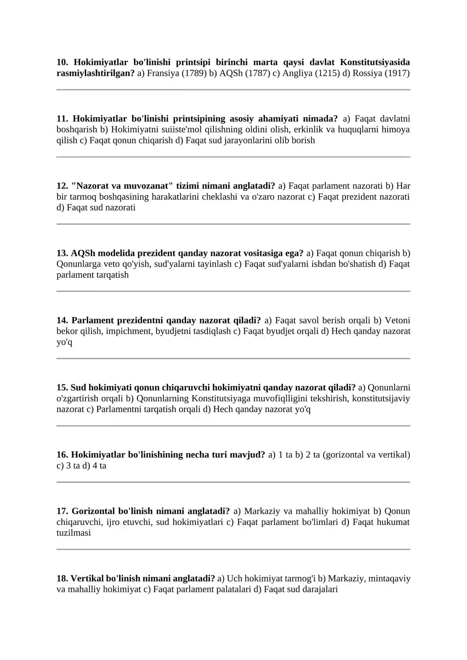 Hokimiyatlar bo'linishi printsipi bo'yicha test savollari 2