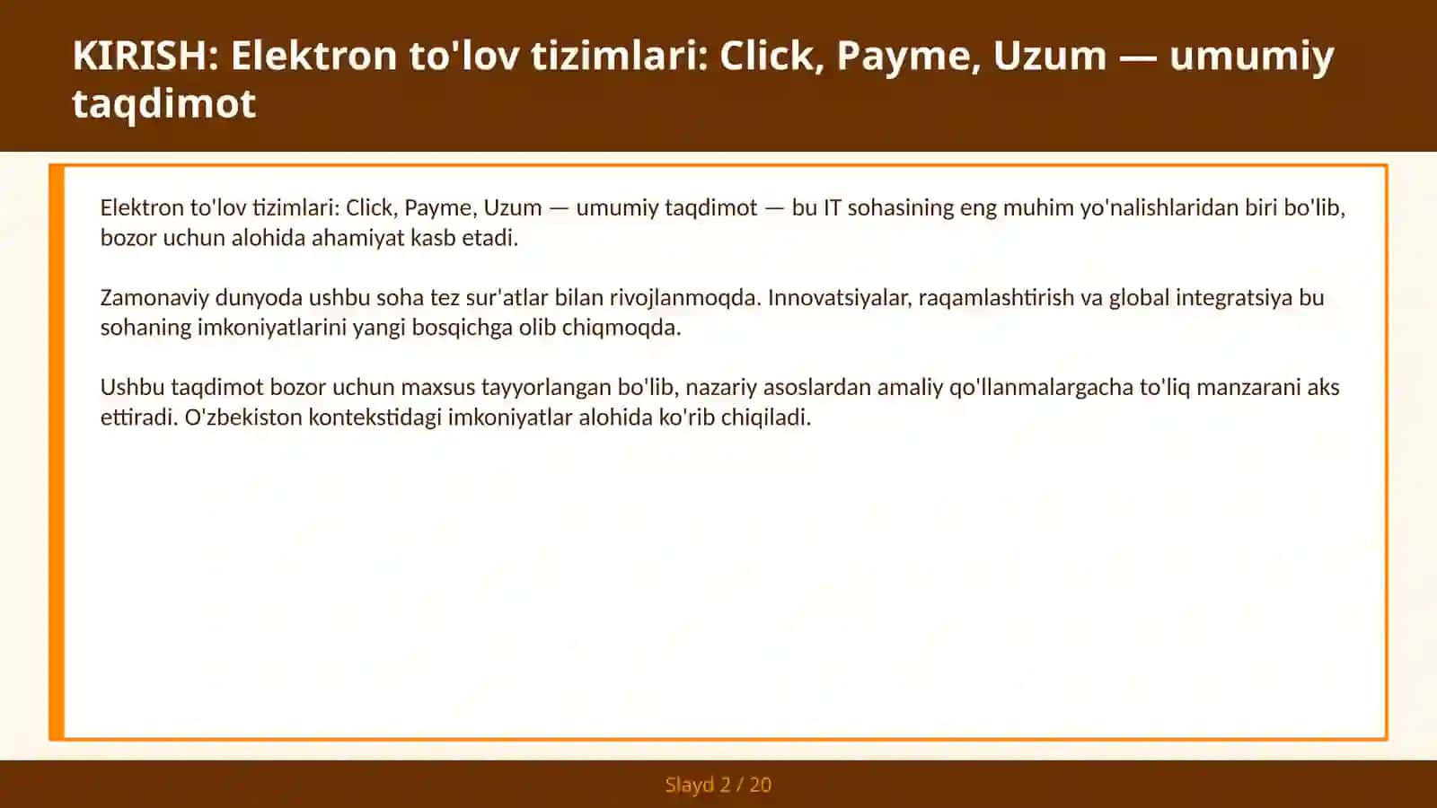 Elektron to'lov tizimlari: Click, Payme, Uzum — umumiy taqdimot 2