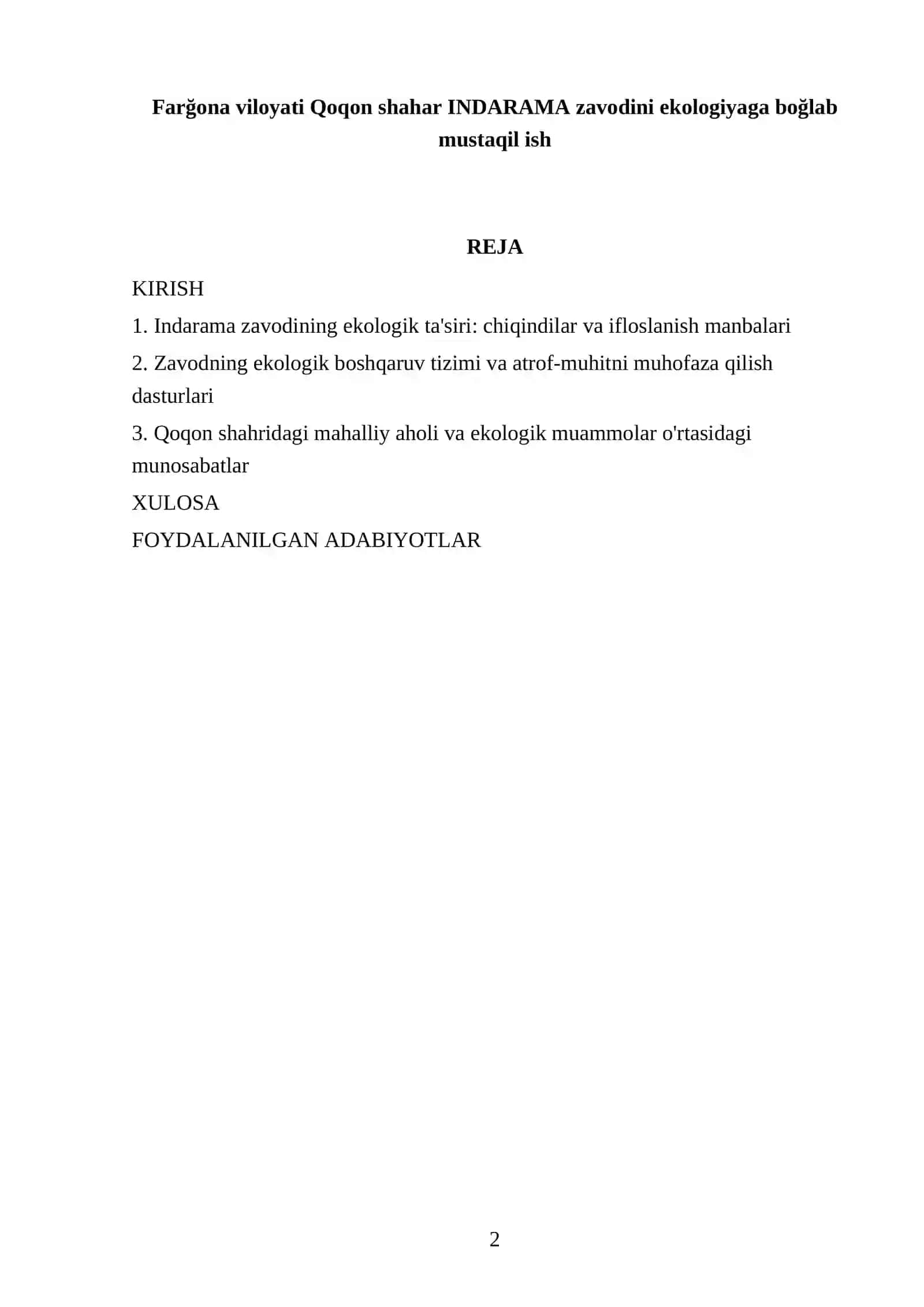 Farğona viloyati Qoqon shahar INDARAMA zavodini ekologiyaga boğlab mustaqil ish 2