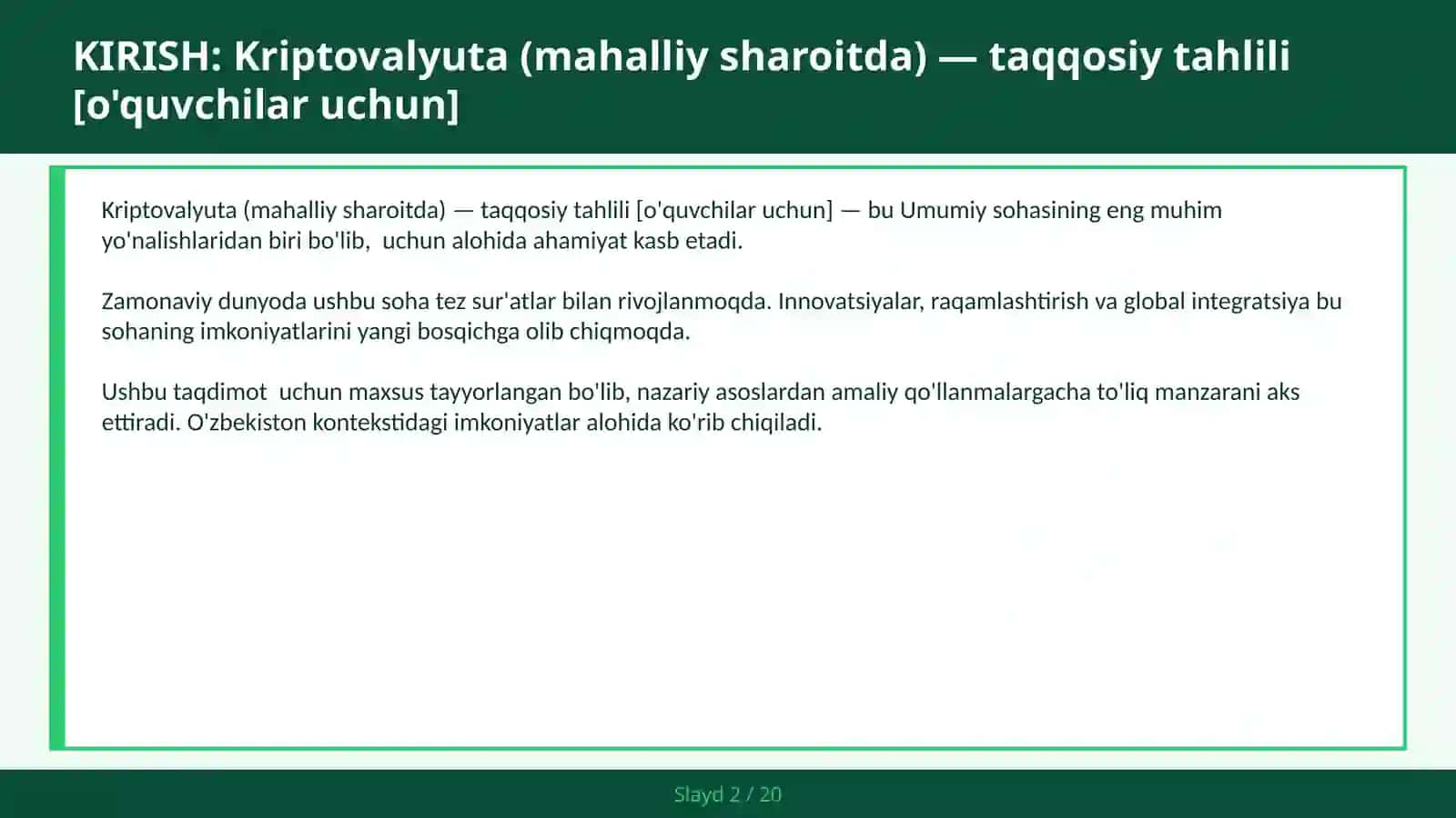 Kriptovalyuta (mahalliy sharoitda) — taqqosiy tahlili [o'quvchilar uchun] 2