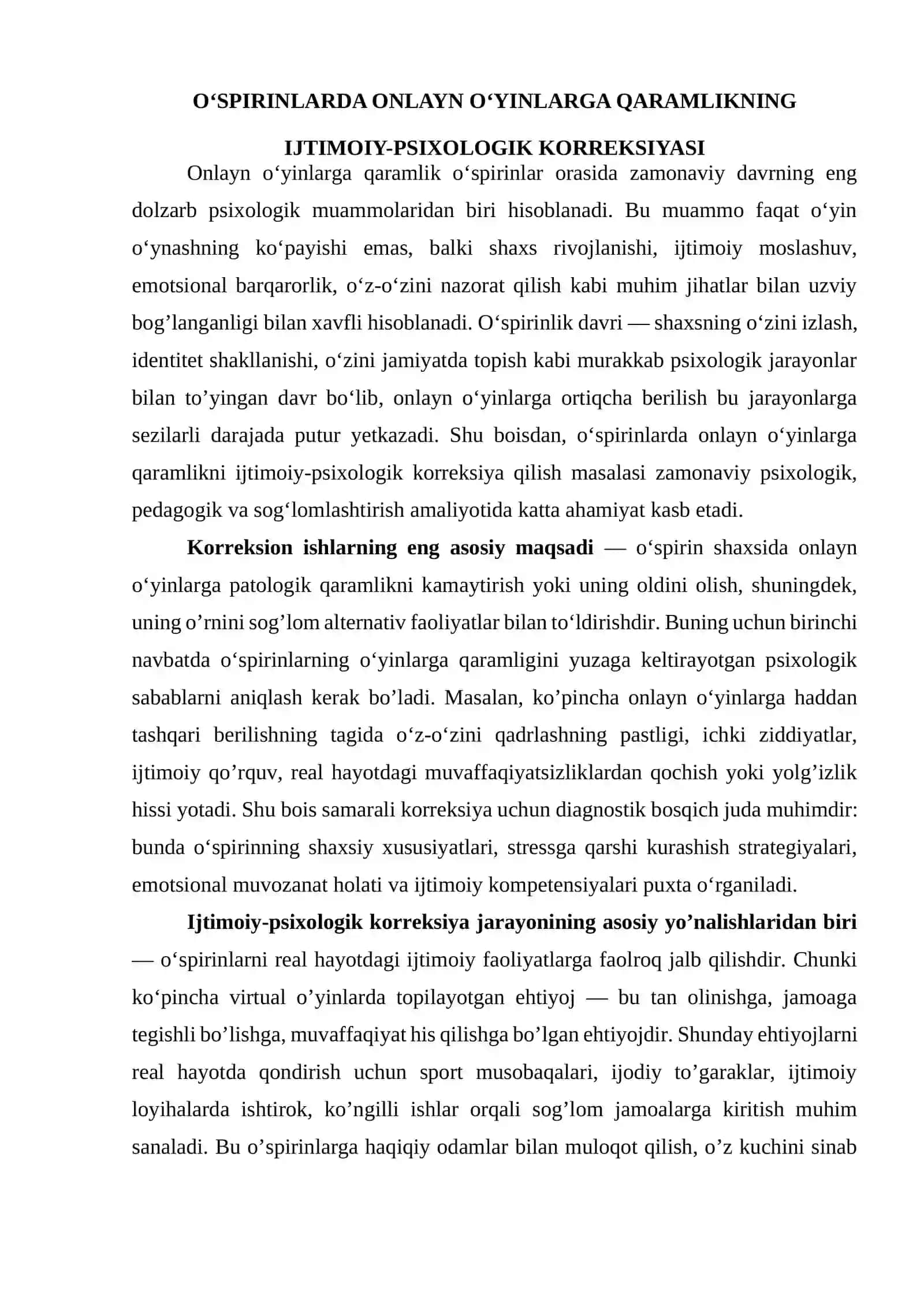 O‘SPIRINLARDA ONLAYN O’YINLARGA QARAMLIK NAMOYON BO‘LISHINING IJTIMOIY-PSIXOLOGIK XUSUSIYATLARI.docx 2
