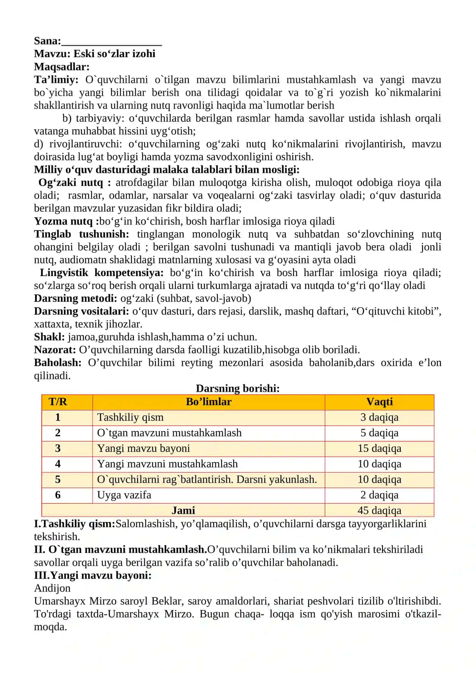 3-sinf Ona tili va o'qish savodxonligi fanidan Eski so'zlar izohi mavzusida dars ishlanma 2