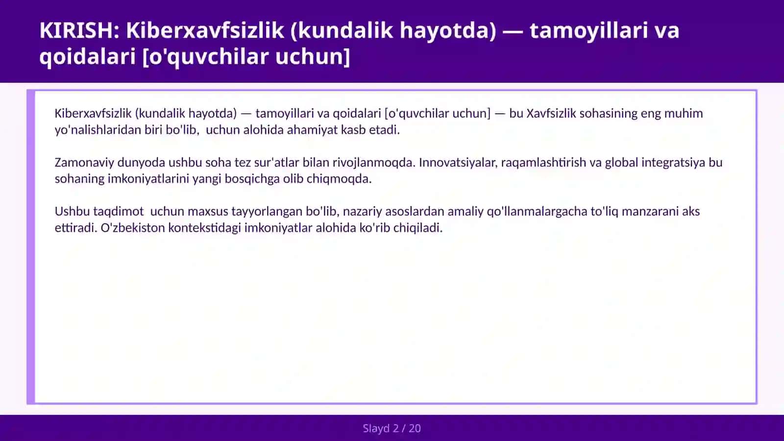 KIBERXAVFSIZLIK (KUNDALIK HAYOTDA) — TAMOYILLARI VA QOIDALARI [O'QUVCHILAR UCHUN] 2