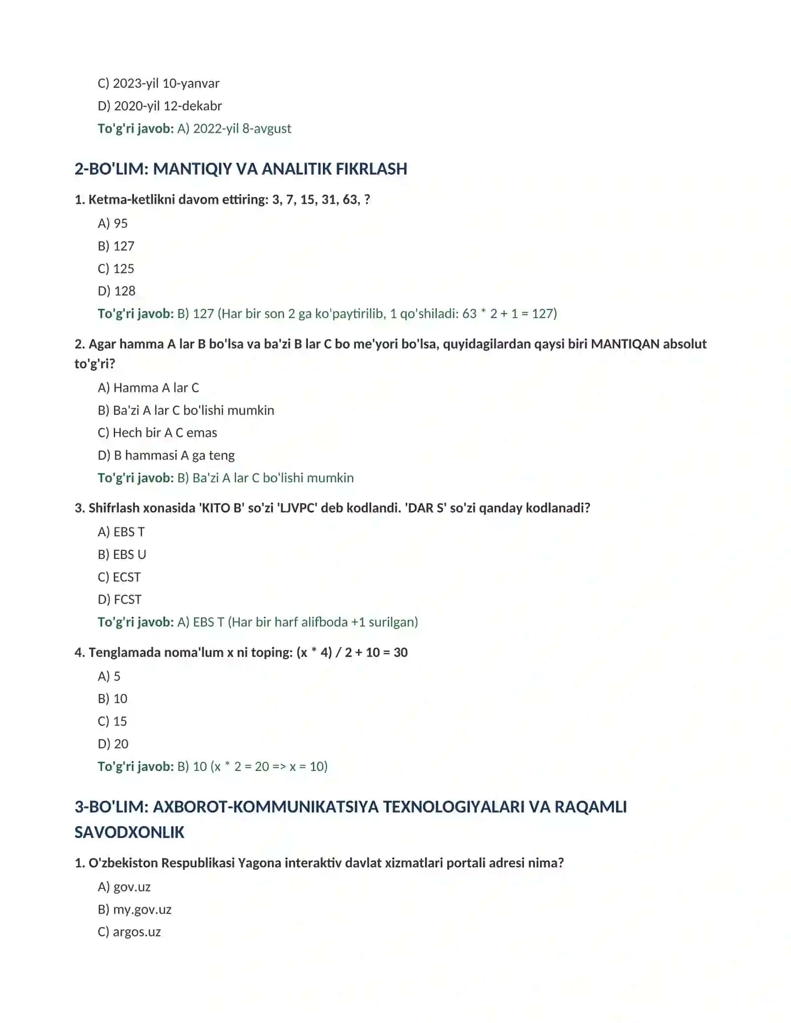 ARGOS Davlat xizmatchilari test savollari va javoblari to'plami (2026) 2