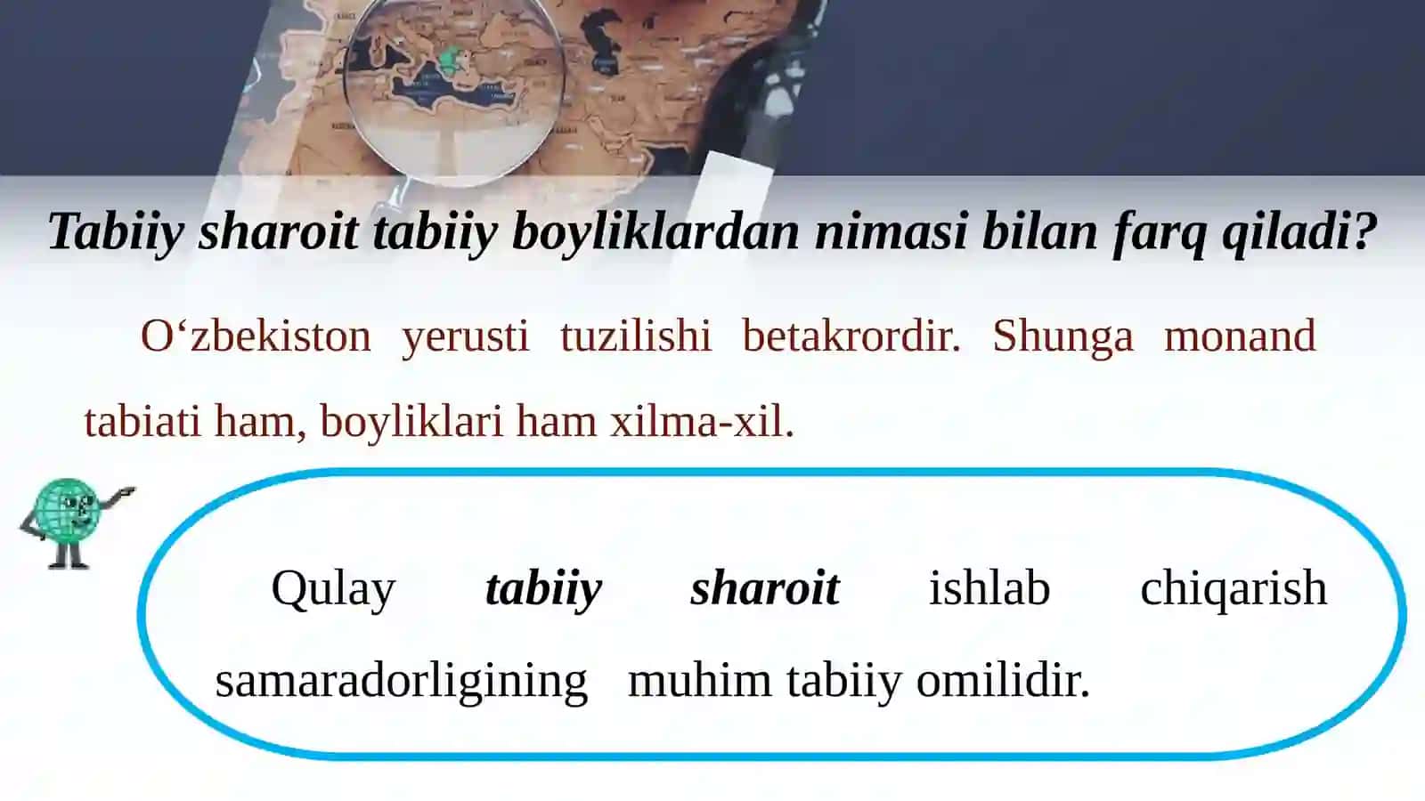 O‘ZBEKISTONNING TABIIY BOYLIKLARI, AHOLISI VA MEHNAT RESURSLARI. 8-sinf geografiya fanidan dars ishlanma. 2