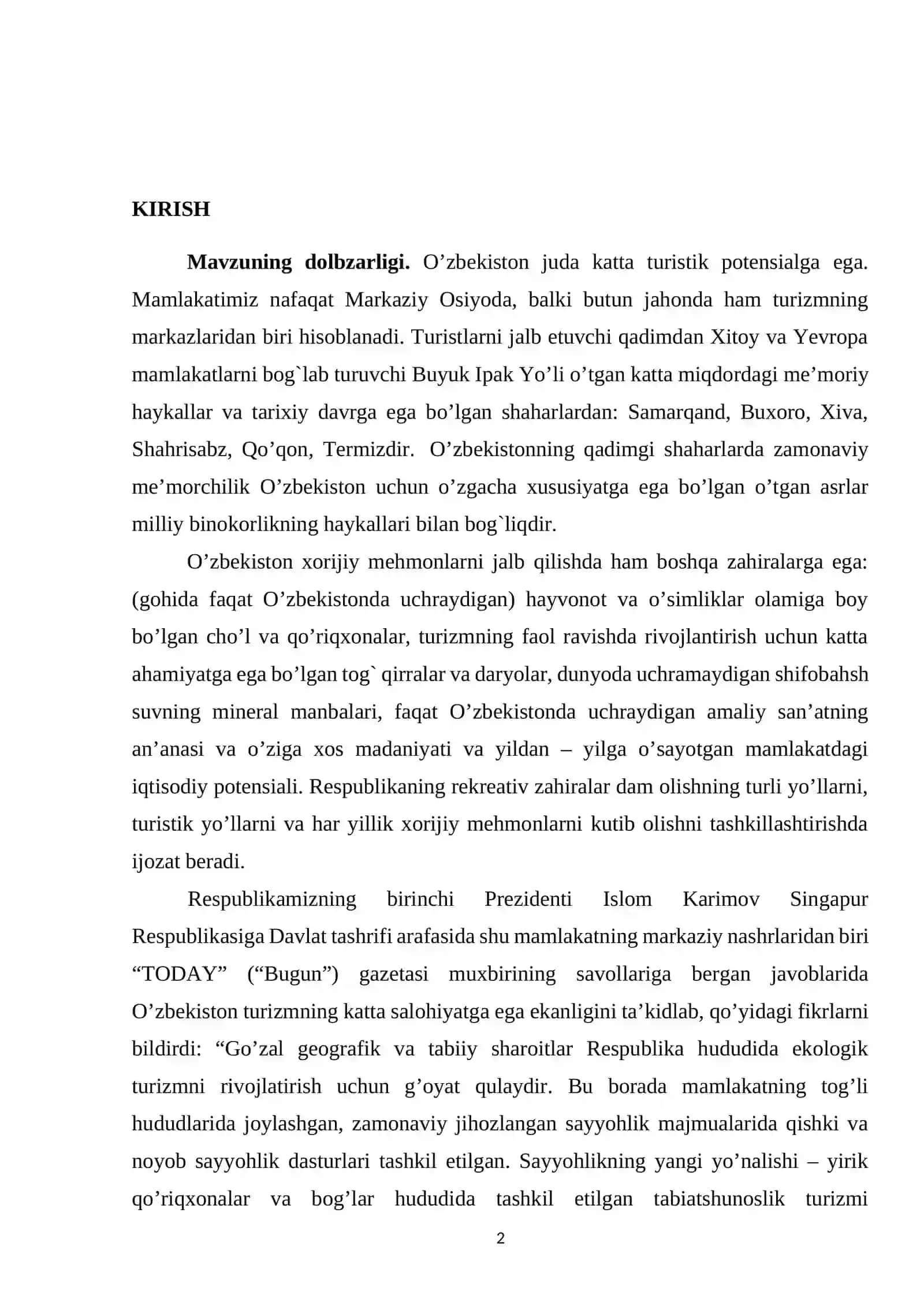 O’zbekistonda xalqaro turizmi bozorini rivojlantirish yo’llari 2
