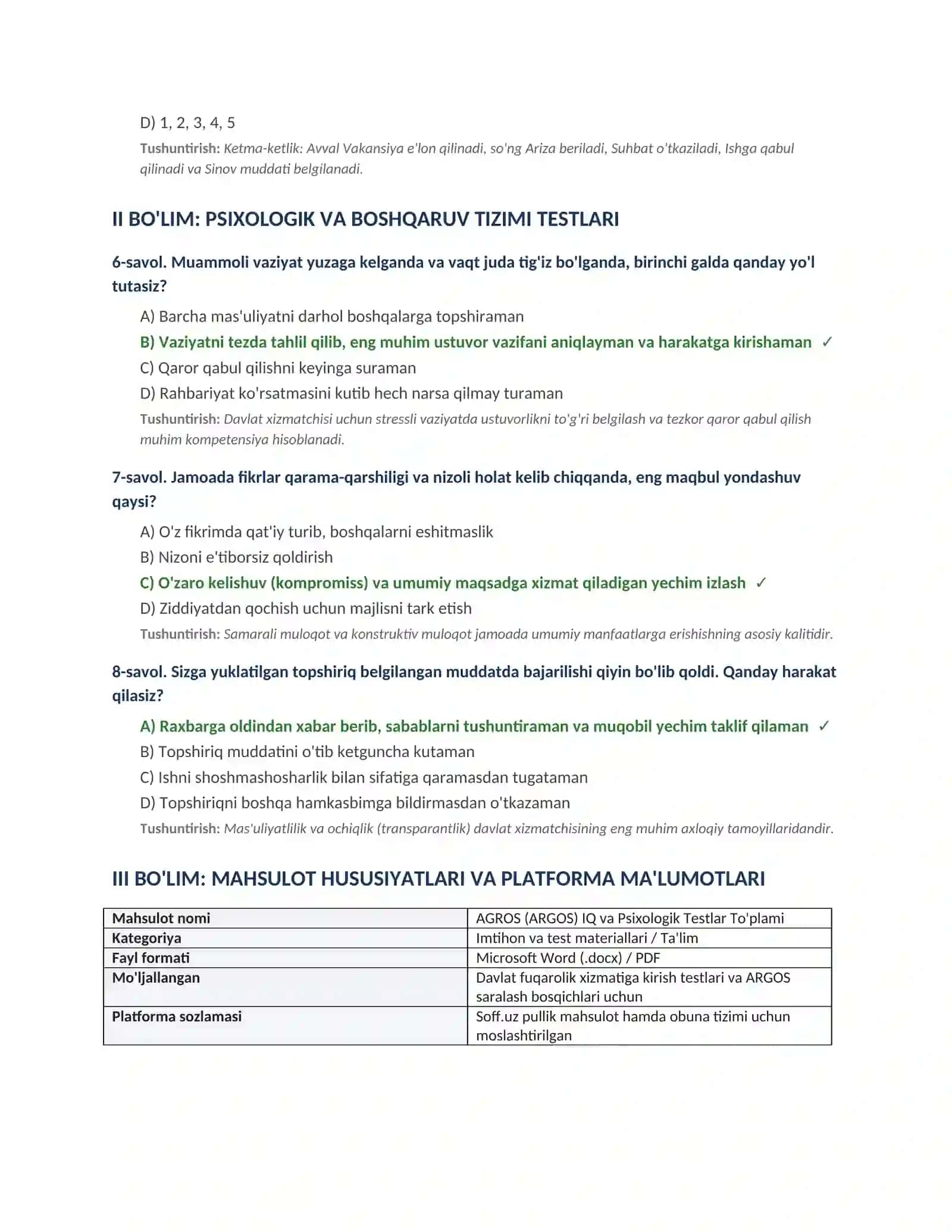 AGROS (ARGOS) IQ va Psixologik Testlar To'plami (Davlat xizmati va saralash imtihonlari uchun) 2