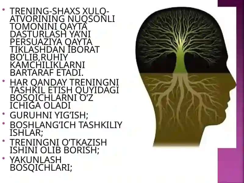 TRENING-SHAXS XULQ-ATVORINING NUQSONLI TOMONINI QAYTA DASTURLASH YA’NI PERSUAZIYA QAYTA TIKLASHDAN IBORAT BO’LIB,RUHIY KAMCHILIKLARNI BARTARAF ETADI. 2