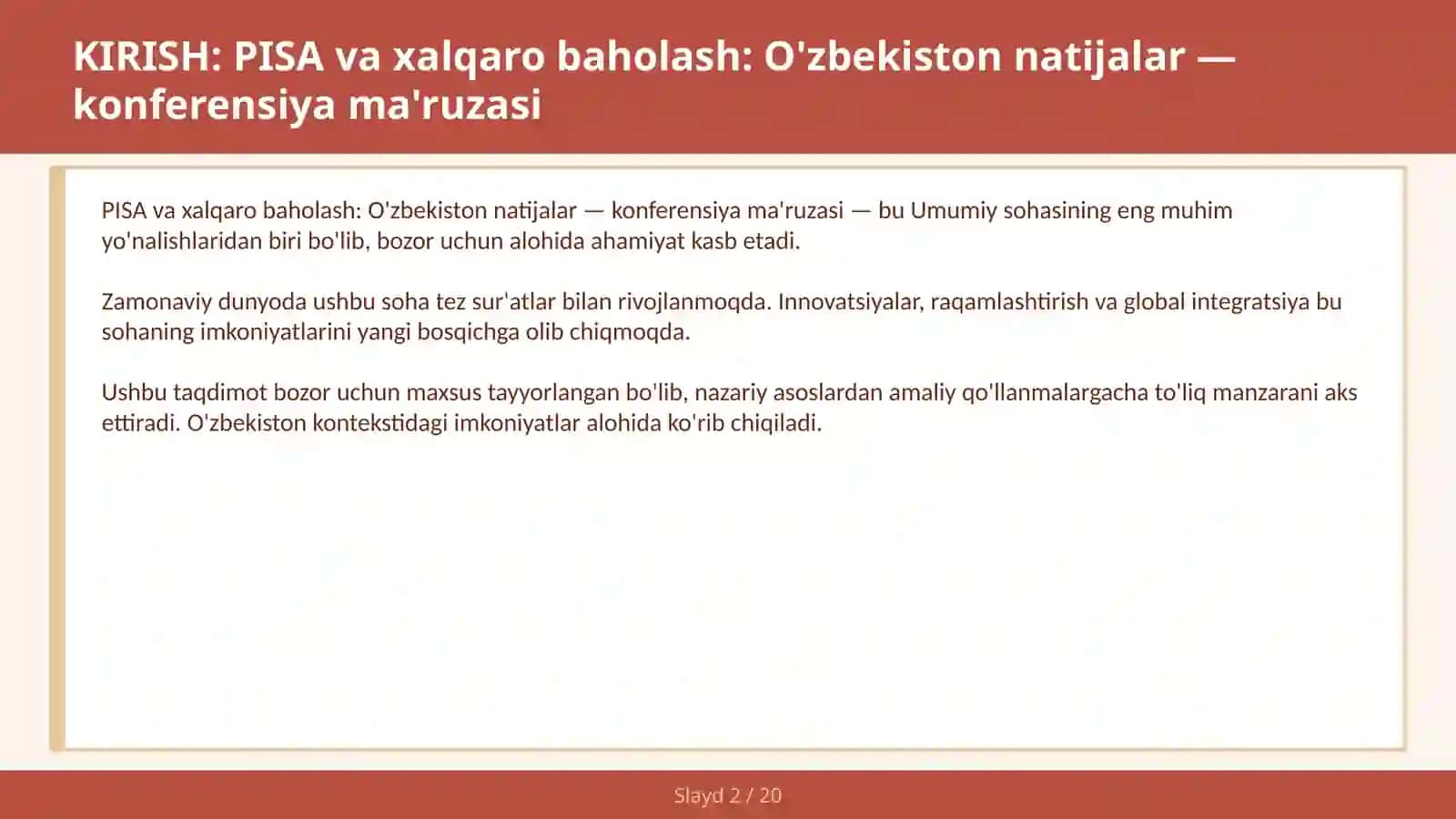 PISA VA XALQARO BAHOLASH: O'ZBEKISTON NATIJALAR — KONFERENSIYA MA'RUZASI 2