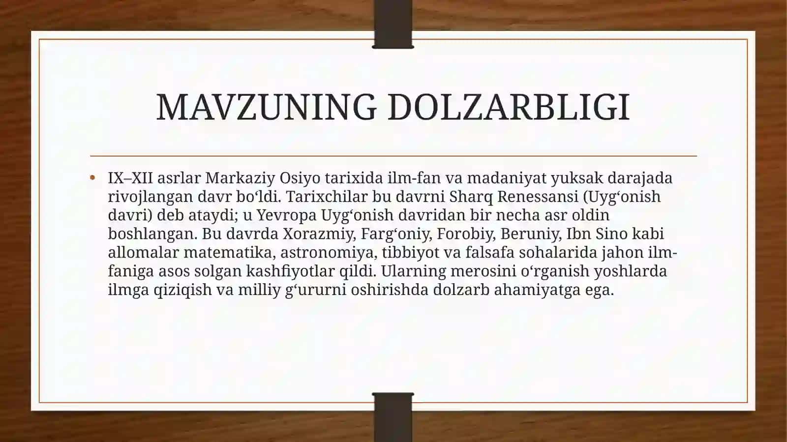 [IX–XII asrlarda mamlakatimiz hududidagi madaniy uyg‘onish (Sharq Renessansi)] 2
