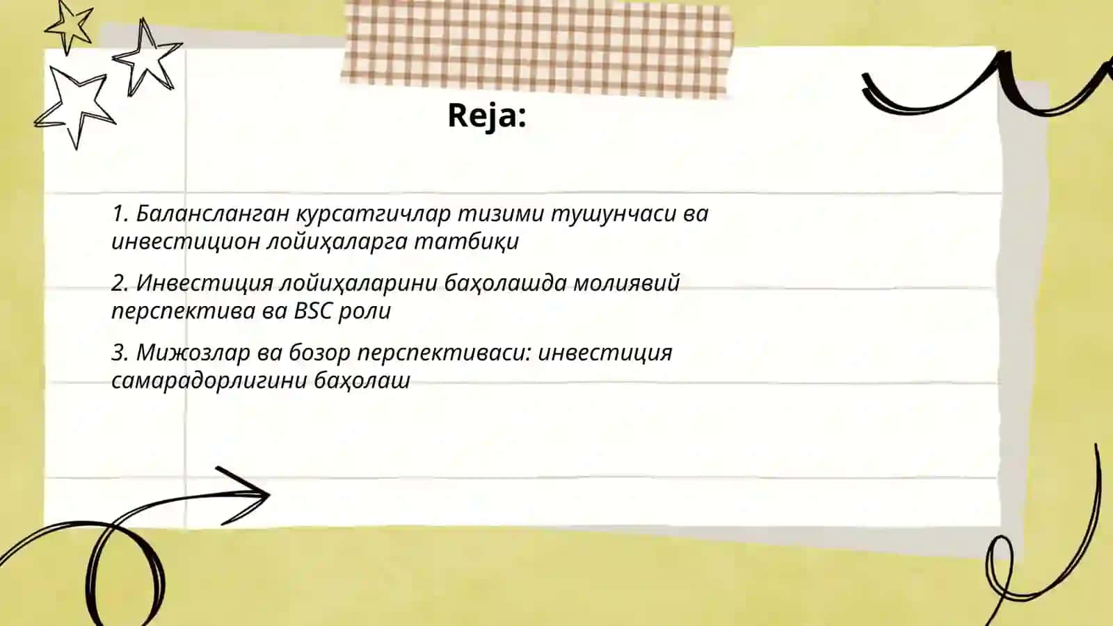 Инвестицион лойихаларни бахолашда балансланган курсатгичлар тизими 2