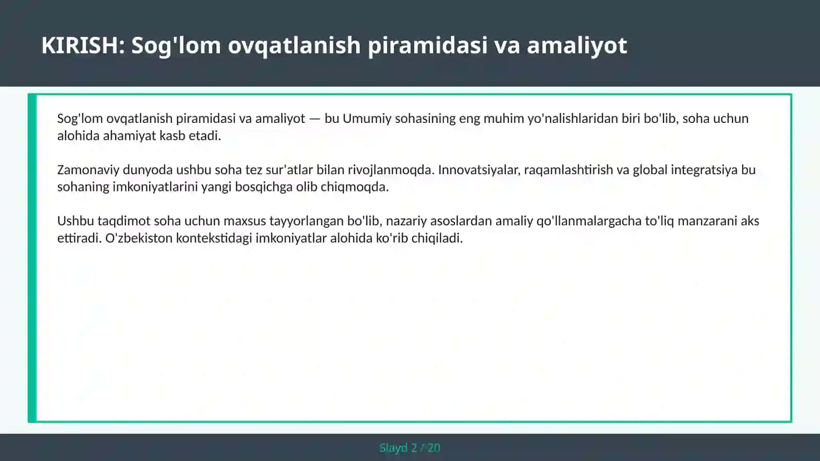 Sog'lom ovqatlanish piramidasi va amaliyot 2