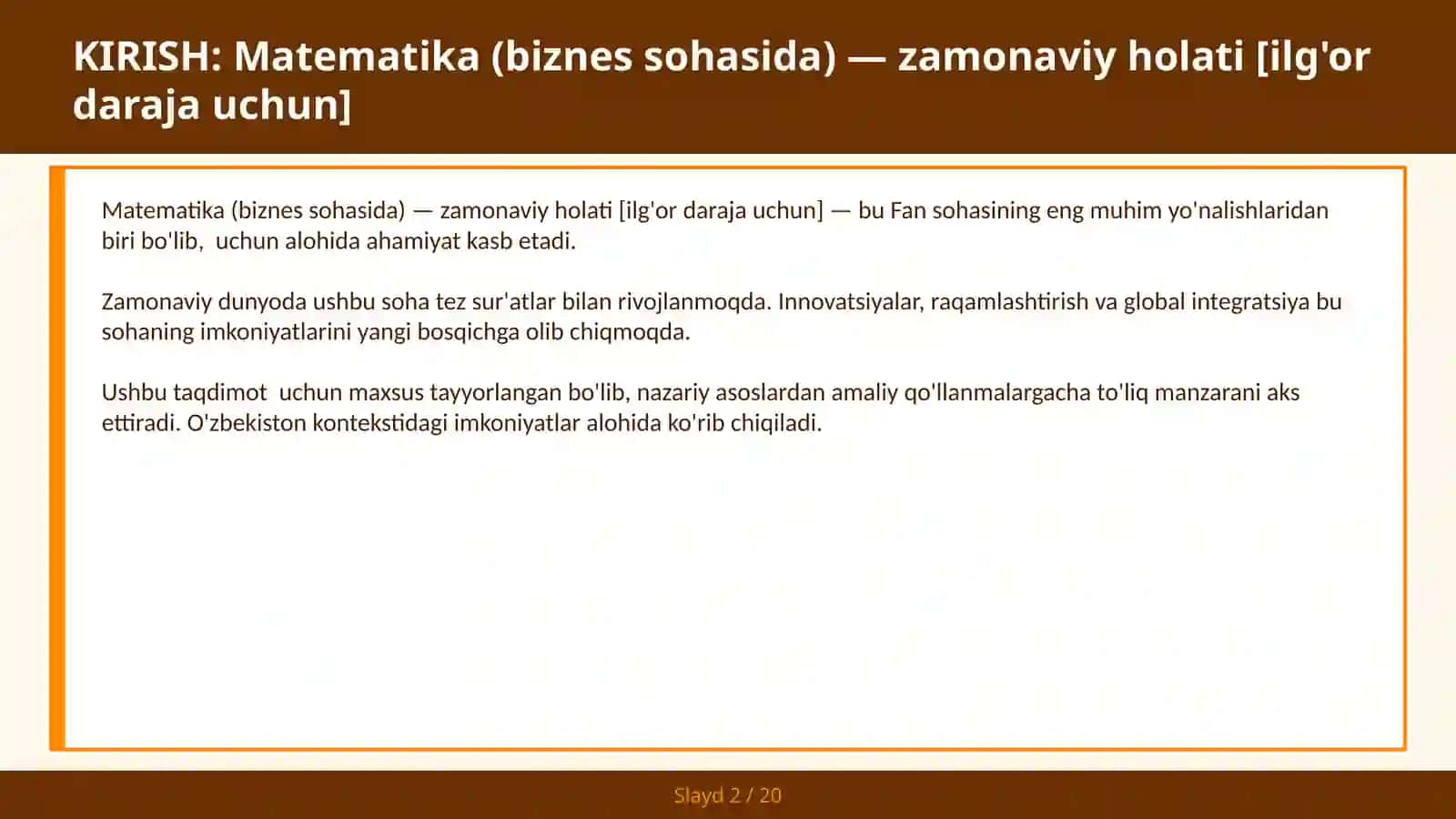 Matematika (biznes sohasida) — zamonaviy holati [ilg'or daraja uchun] 2