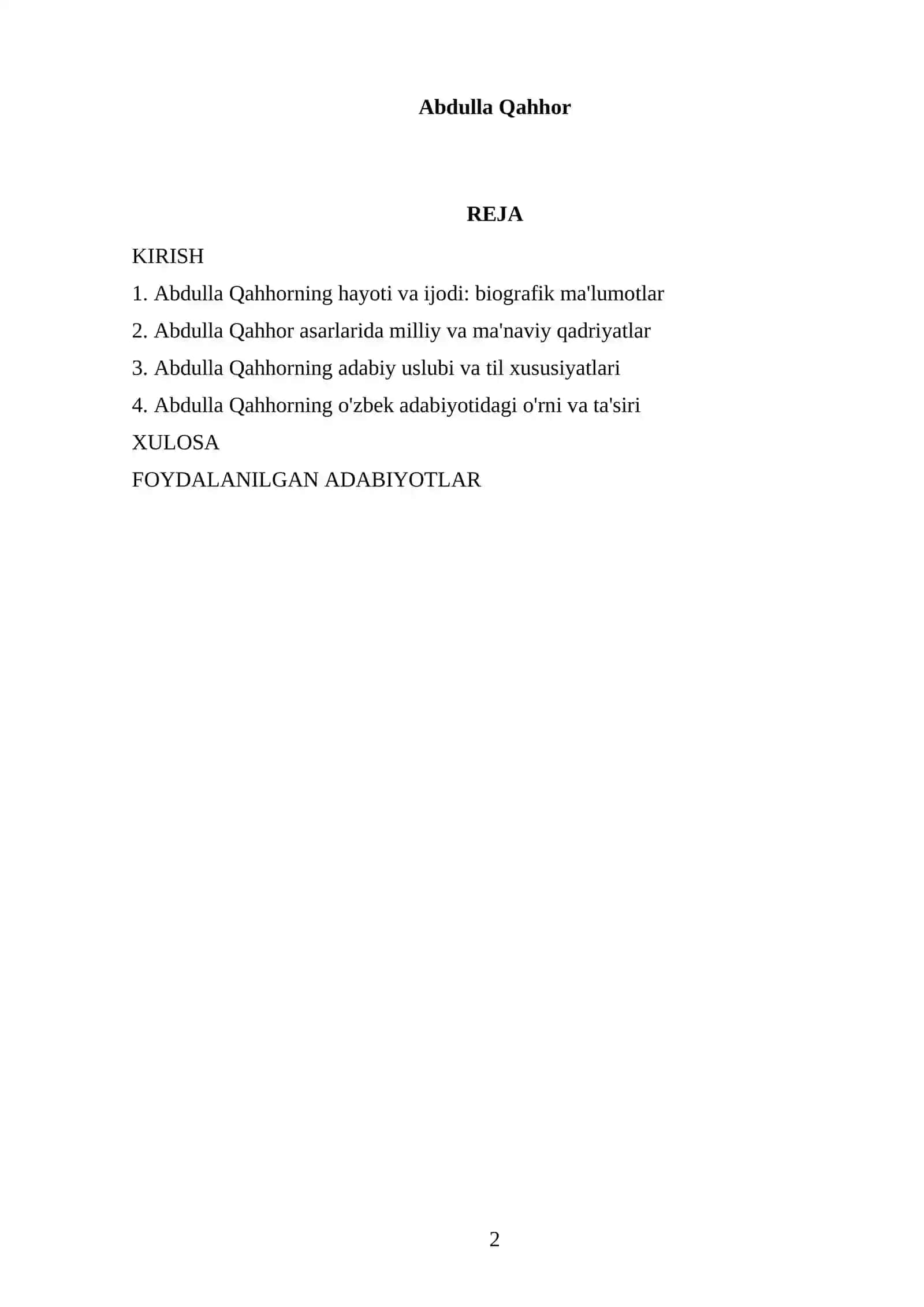 Abdulla Qahhorning Adabiyot Fanidan Tayyorlagan Mustaqil Ishi 2
