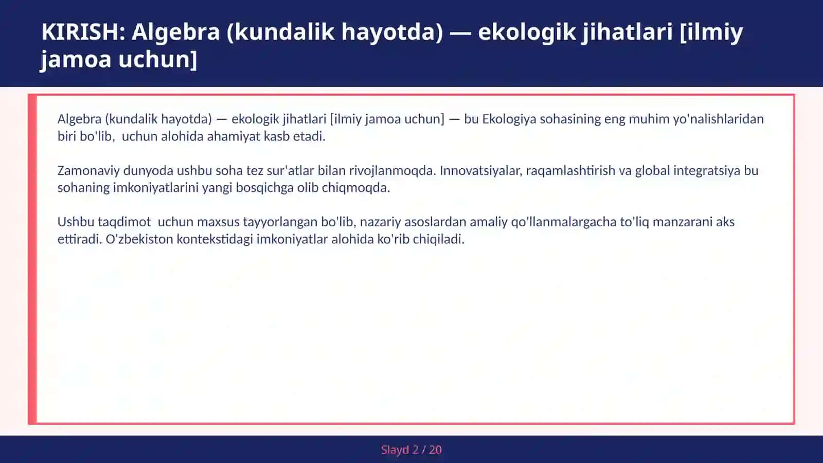 Algebra (kundalik hayotda) — ekologik jihatlari [ilmiy jamoa uchun] 2