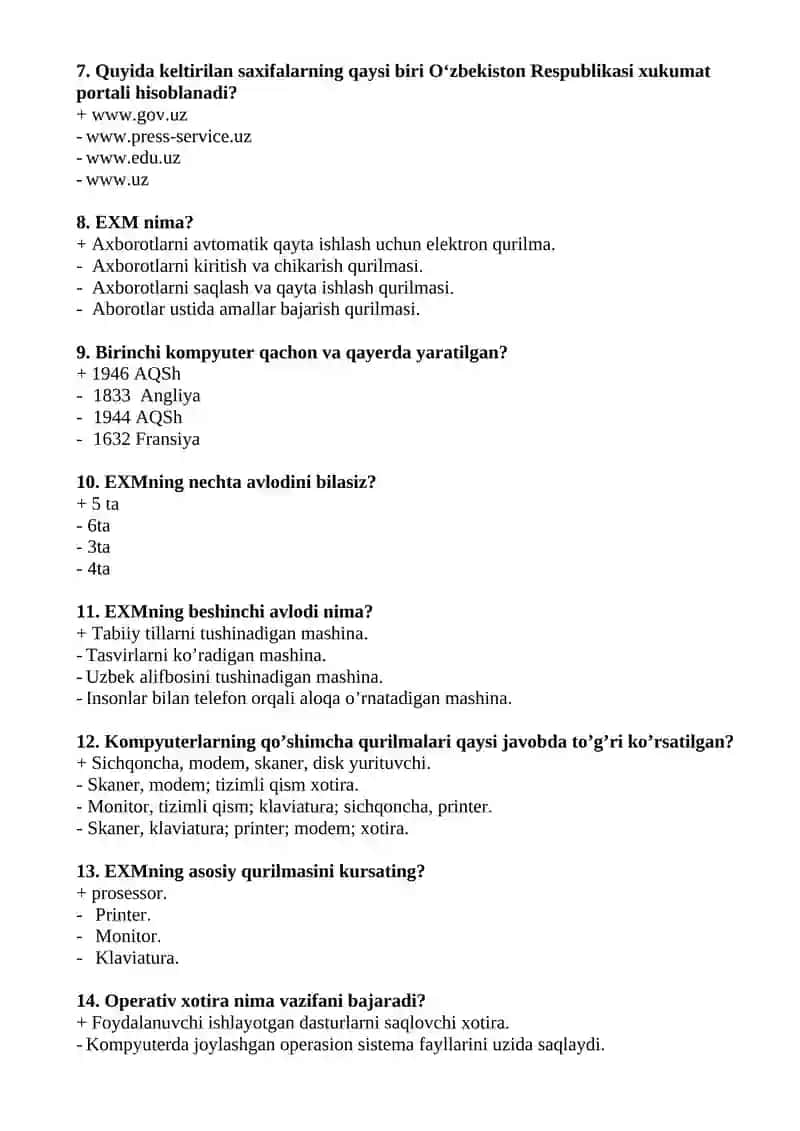 Axborot texnologiyalari fanidan yakuniy test savollari 2