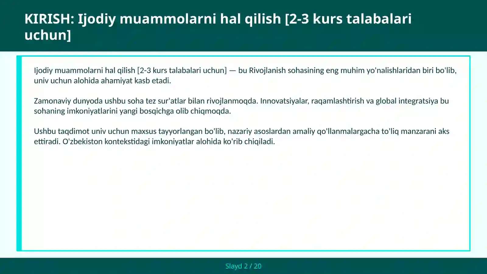Ijodiy muammolarni hal qilish [2-3 kurs talabalari uchun] 2