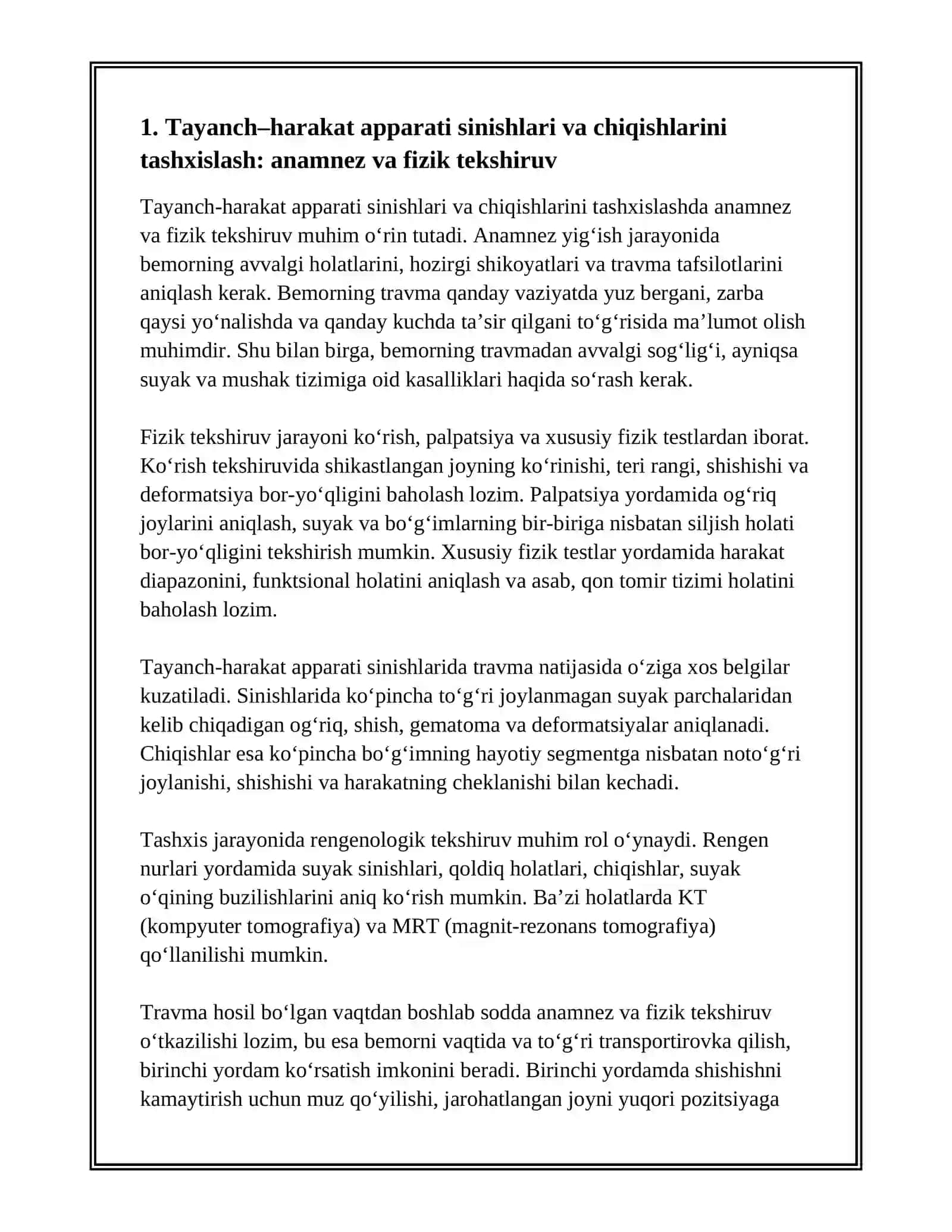 TAYANCH–HARAKAT APPARATI SINISHLARI VA CHIQISHLARINI TASHXISLASH. BIRINCHI TIBBIY YORDAM. TRANSPORTLI IMMOBILIZASTIYA. OYOQ-QO‘LLAR SINISHLARNI YOPIQ REPOZITSIYASI. GIPS TEXNIKASI 2