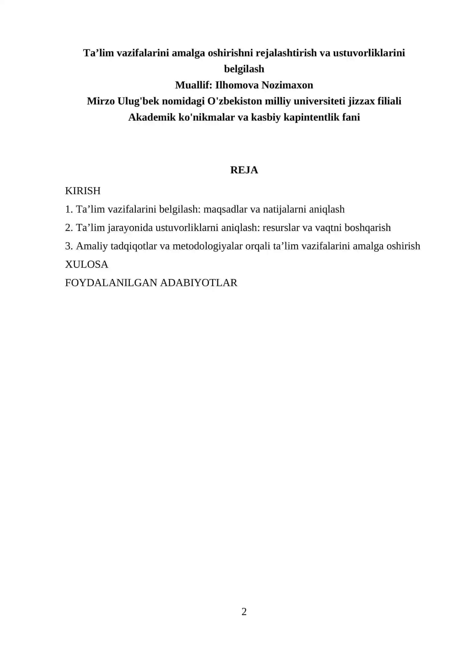 Ta'lim vazifalarini amalga oshirishni rejalashtirish va ustuvorliklarini belgilash 2