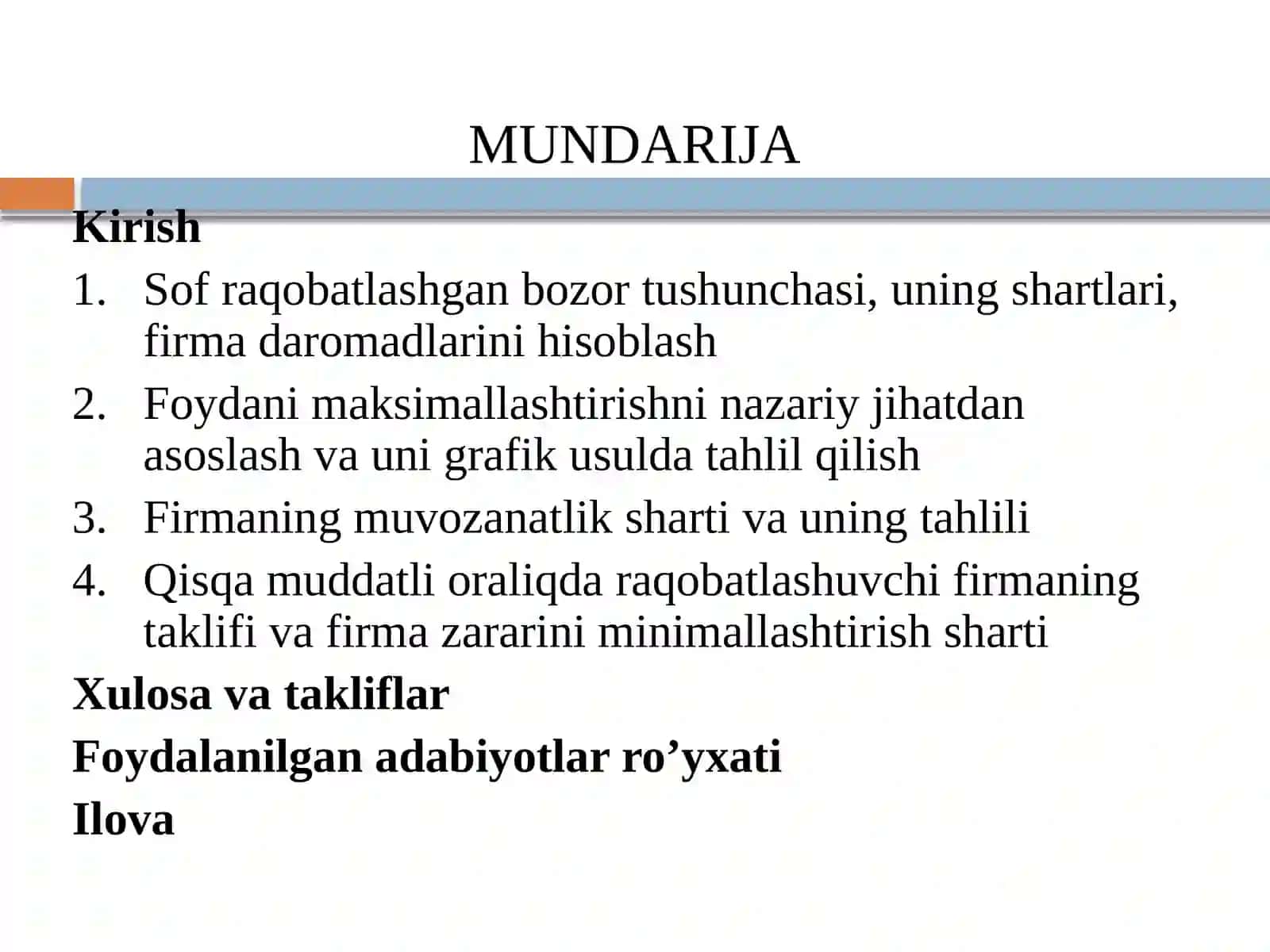 Qisqa muddatli oraliqda mukammal raqobatlashgan bozorda firma foydasini maksimallashtirish va uning taklifi 2