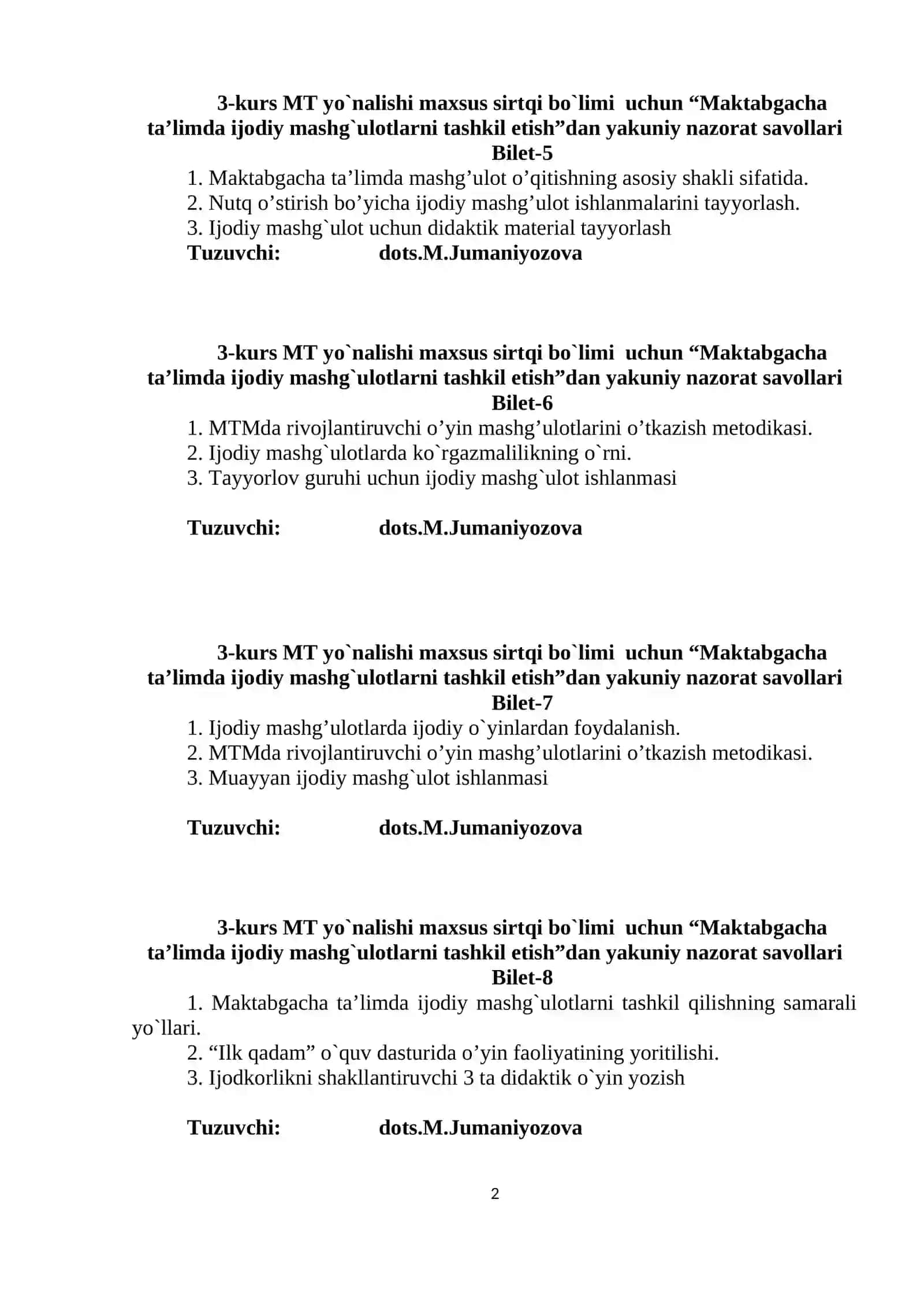 Maktabgacha ta’limda ijodiy mashg`ulotlarni tashkil etish 2