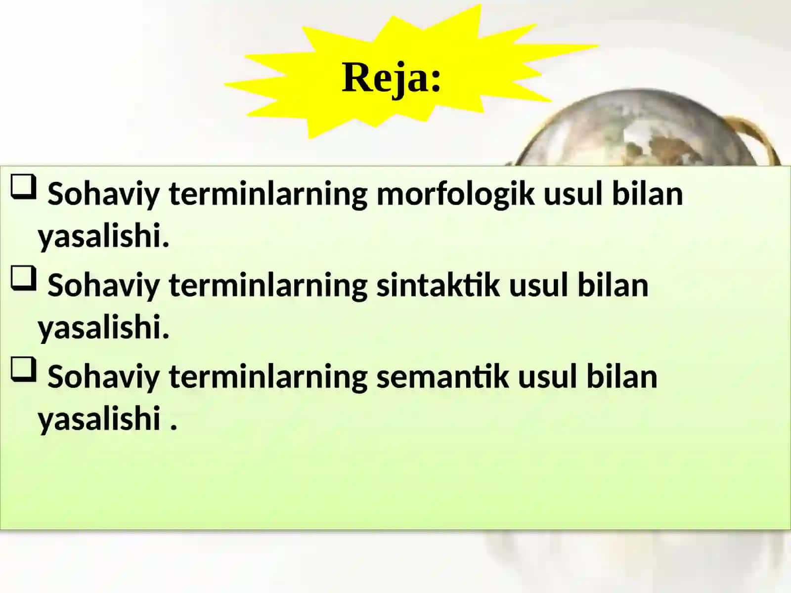 Terminlarning yasalishi. “Ibtidoiy jamoa me’morchiligi tarixi” matni. Arxitektura va qurilish sohasiterminlarning morfologik, sintaktik, semantik usul bilanyasalishi 2