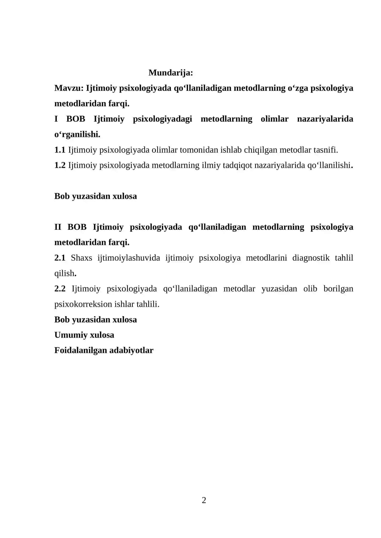 KURS ISHI "Ijtimoiy psixologiyada qoʻllaniladigan metodlarning oʻzga psixologiya metodlaridan farqi" 2