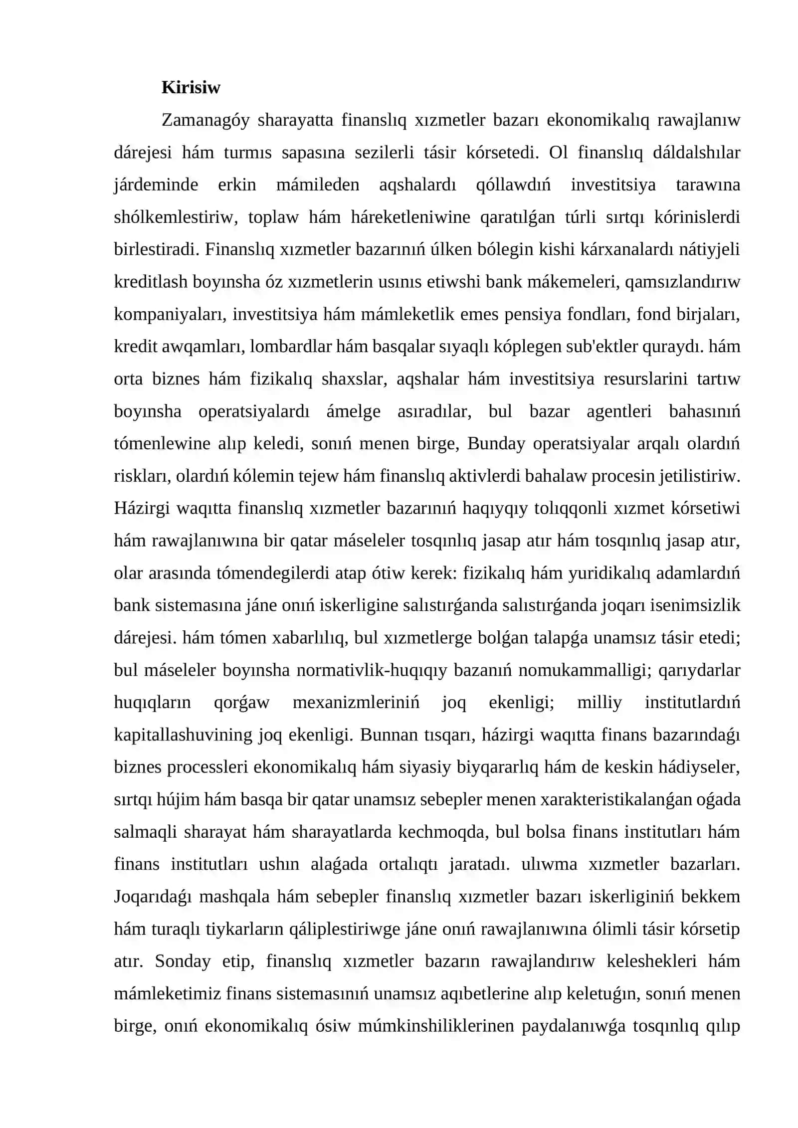 Bank xızmetleri bazarın rawajlandırıw 2